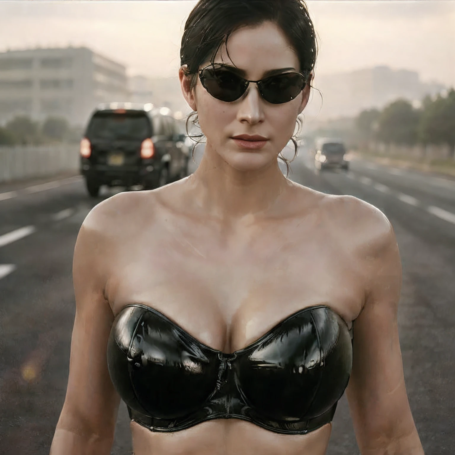 ((masterpiece, Best Quality, High resolution, 32K HDR)), (Perfect portrait of trinity00:1.15), (black latex strapless bra:1.1, latex panty, realistic Trinity sunglasses:1.1), Ultra detailed eyes, hyper derailed face, Detailed mouth, Detailed skin texture, (Atmospheric lighting), Shot with Aricum LT camera, (astride on the bike:1.5, realistic driving the bike:1.5, on the highway:1.1, Huge breasts:1.15), full body shot,