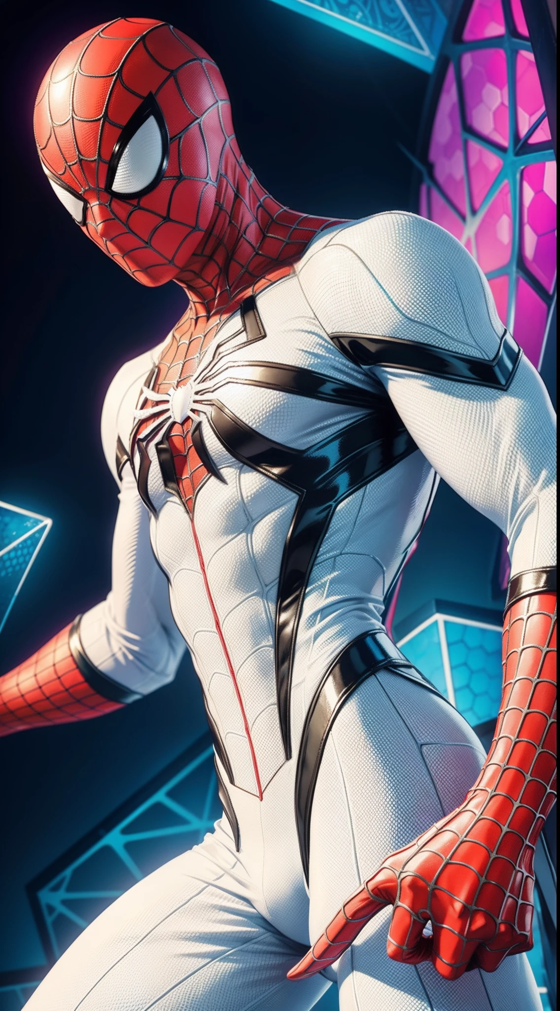 White Spider-Man from Marvel Comics, Masterpiece, Best Quality, abstract, Psychedelic, Neon, (honeycomb pattern), (creative:1.3), Sy3, SMM, fantasy00d
