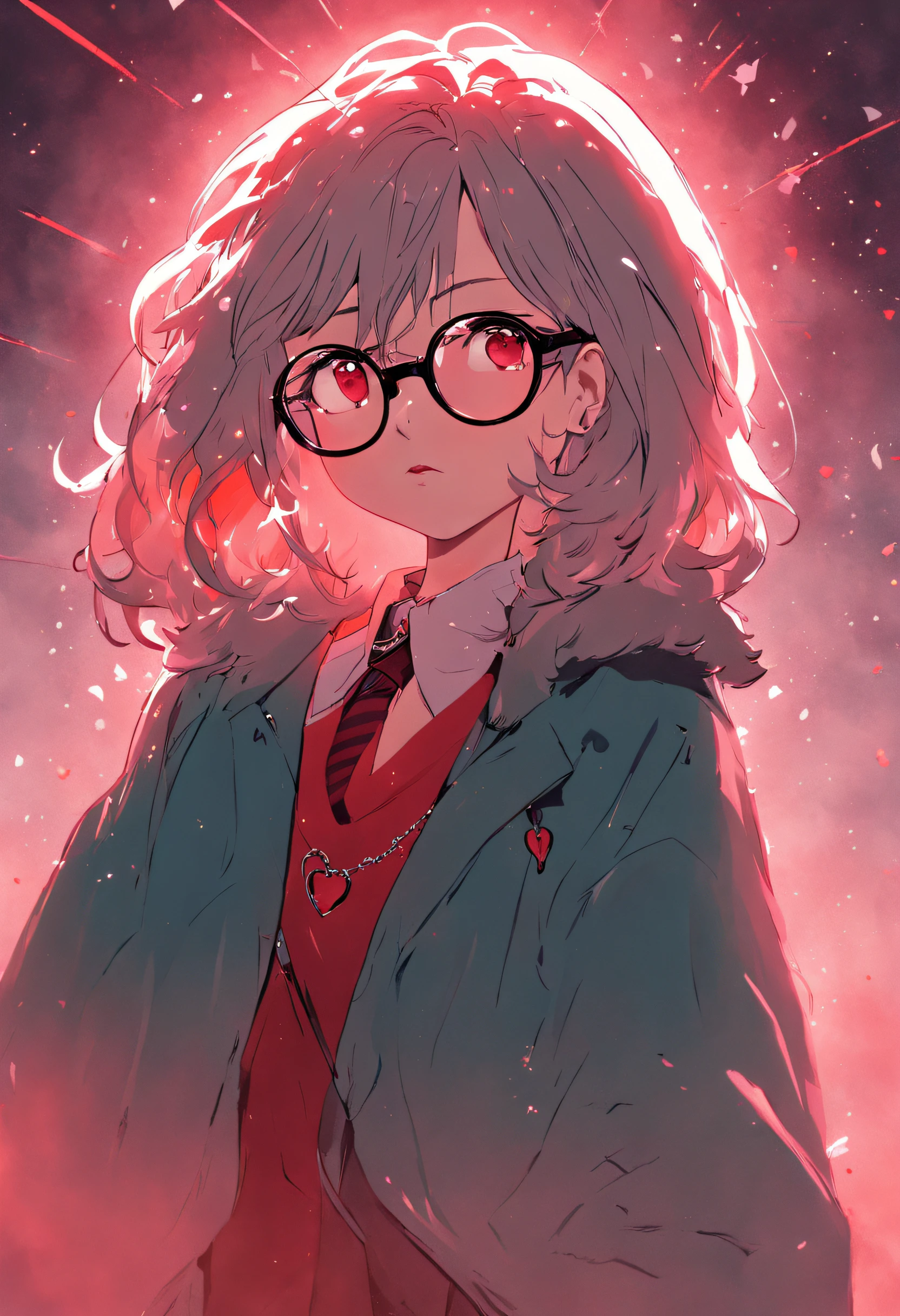 There is a woman with glasses and a necklace with a heart, inspirado por Ion Andreescu, inspirado em Elsa Bleda, No estilo Petra Collins, cynthwave, wearing prescription glasses, thick glasses, cabelo longo molhado pingando, with square glasses, thick red lips, solo portrait 🎨🖌️