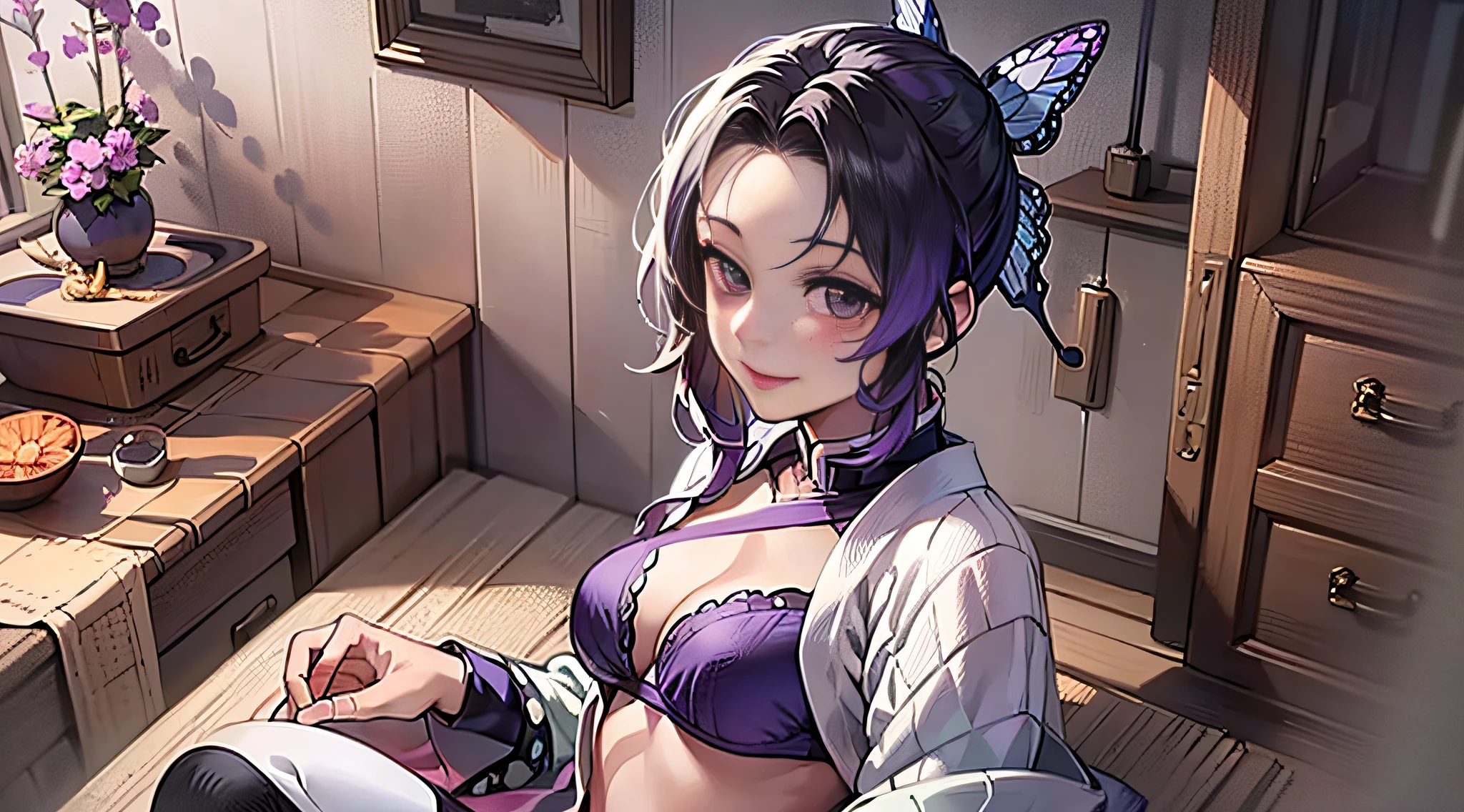 ultra realistic 8k cg, Masterpiece, ((Ultra detailed backgrounds, Delicate pattern, intricately details)), (Highly detailed, Fine details), Best quality, 1girll, (Photorealistic:1.4),Beautiful lighting, hoang lap, RAW photo, filmgrain, 1girll, 独奏, Smile, longer sleeves, looking a viewer, Japanese clothes, average breasts, High school uniform, white thighhig, zettai ryouiki, (Purple colored hair, Purple hair), Purple eyes,butterflys