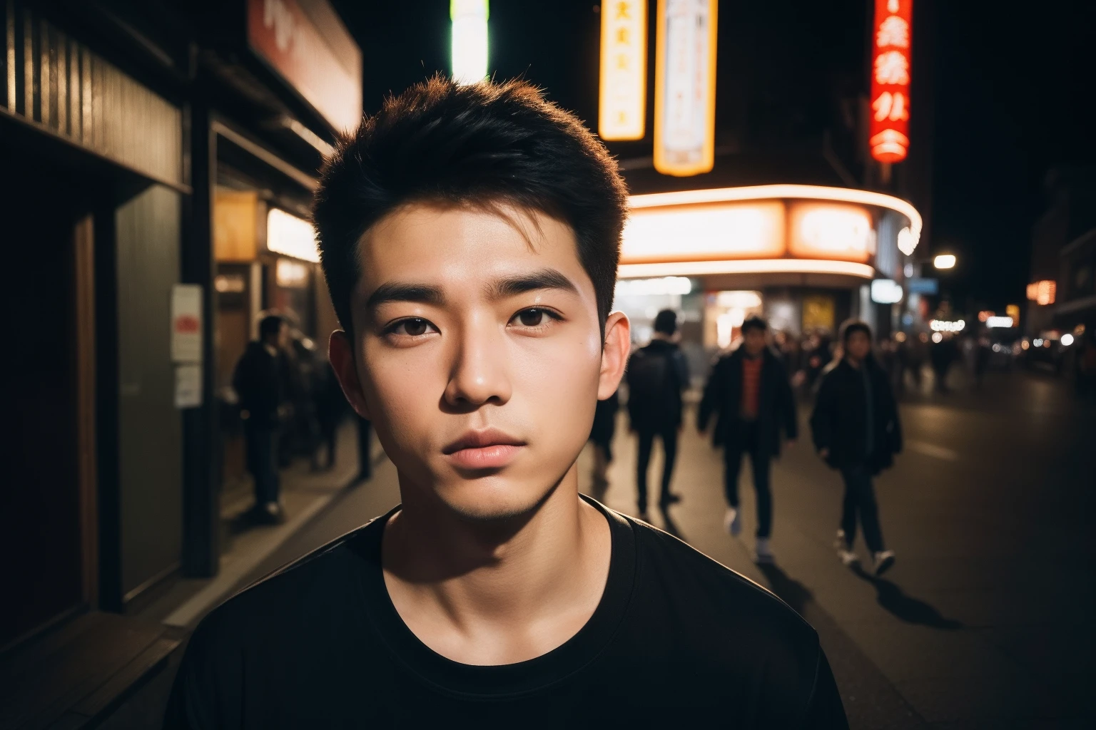 Arafed Asian man standing on a city street at night, Sul Coreano Masculino, asian male, Retrato tirado 8 K, south east asian with round face, Retrato no meio da foto, jovem bonito, Foto retrato suave 8 k, handsome japanese demon boy, homem atraente, Jovem com rosto bonito, portrait of a japanese teen, foto retrato, Bonito Chade Chin