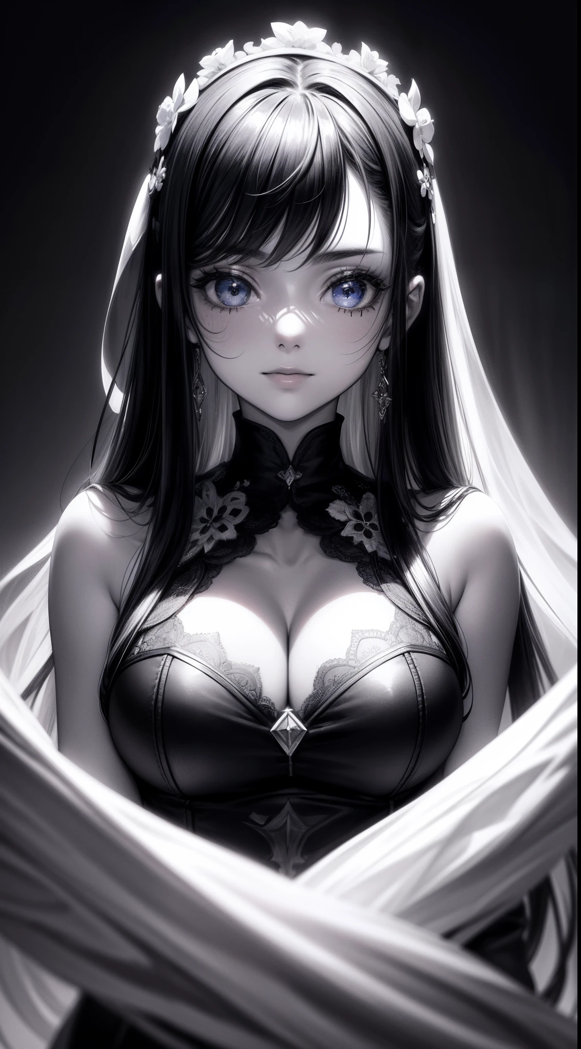 8k, highres, ultra detailed, (masterpiece:1.4), (Black and white portrait:1.4), best quality, symmetrical body, a beautiful 18 year old girl, beautiful clothes, cute, solo, long hair, black hair, blue eyes, glow effect, finely eye, detailed face, looking at viewer, smilling at viewer, dark background, angled view, big breasts, beauty mark
