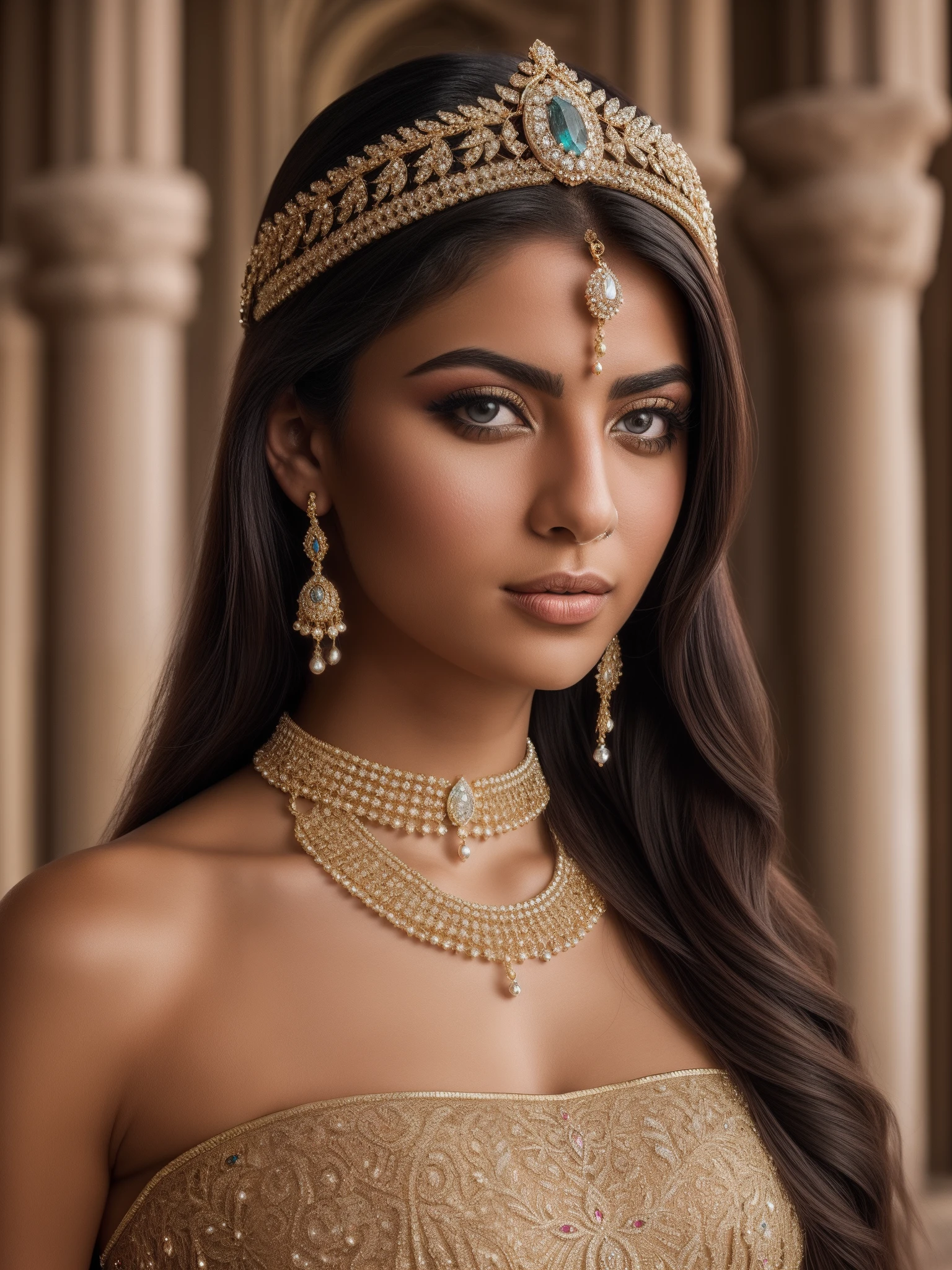 Persian Girl, im orientalischen Palast, kleines Diadem, Schmuck, (Meisterwerk:1.2) (((RAW-Foto))) (bokeh) (best qulaity) (komplizierte Details) (8K) (HDR) (analoger film) (Canon D5) (scharfer Fokus)