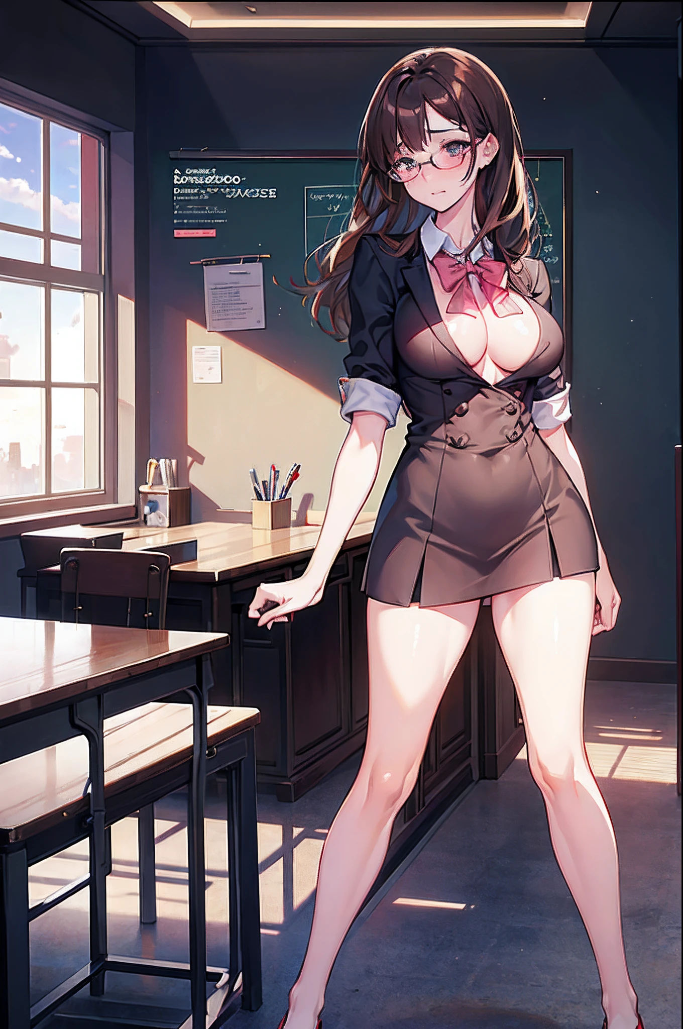 1 girl, (Masterpiece), (best anatomy), highres, ultra-detailed, dynamic lighting, dynamic colors, best background, best pose, (school setting), beautiful, hot, (sexy), smooth skin, shiny skin, woman, adult, milf, small eyes, teacher, long brown hair, pink colored eyes, shiny eyes, short (massive breasts, oversized breasts, biggest breasts, titanic breasts, busty), (glasses, teacher uniform), (very embarrassed, very embarrassed stance), (nude, naked), nipples, pussy, vagina,