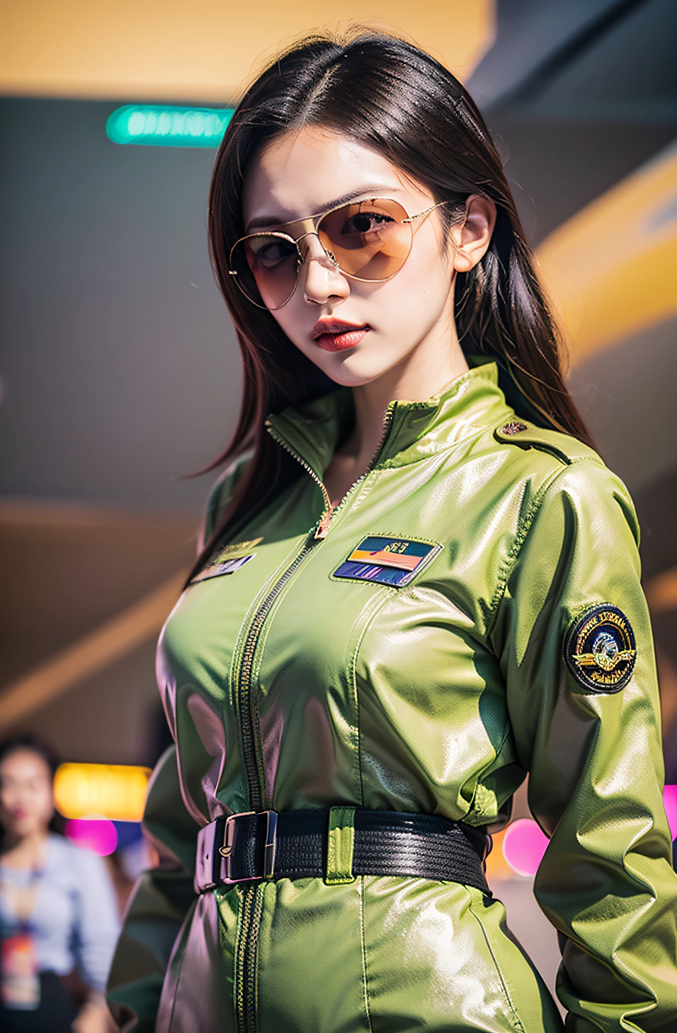 Kamei Eri in an Air Force pilot's jumpsuit, saluting with aviator sunglasses reflecting the vast runway. Behind her, multiple fighter jets are lined up, ready for takeoff. The atmosphere is charged with anticipation. Medium: Photography, Style: Cinematic and hyper-realistic, Lighting: Sunset hues casting a golden glow, Colors: Warm golds, cool grays, and deep blues, Composition: Nikon D850, Nikkor 35mm f/1.4 lens, Resolution 45.7 megapixels, ISO sensitivity: 64, Shutter speed 1/100 second. --ar 16:9 --v 5.1 --style raw --q 2 --s 750