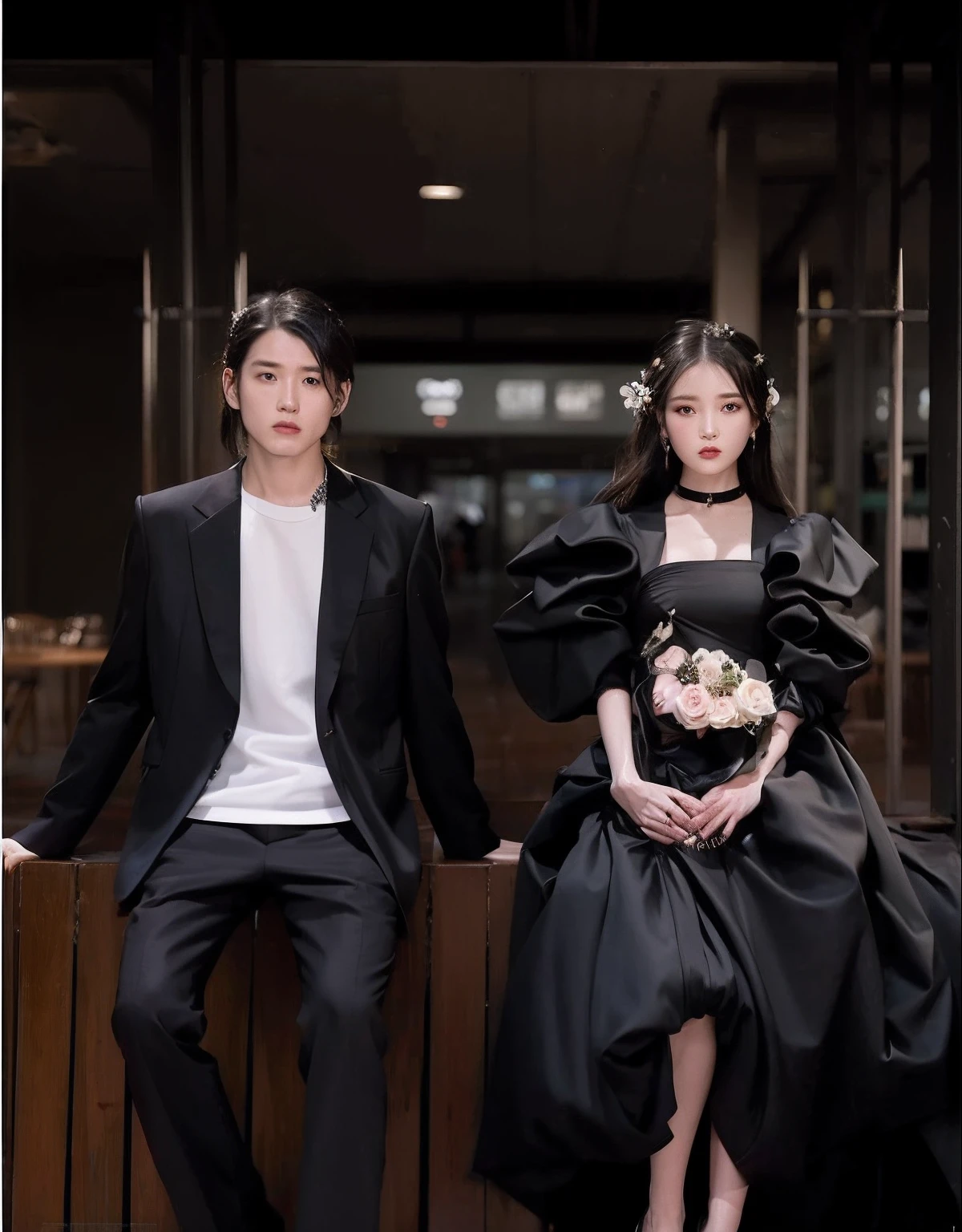 They sat together on benches in black dresses, Ruan Jia and Fenghua Zhong, james jean and fenghua zhong, wearing a black noble suit, wearing causal black suits, With black, yanjun cheng, Cai Xukun, An elegant couple, photoshoot, Chen Zezhou, ruan jia and brom