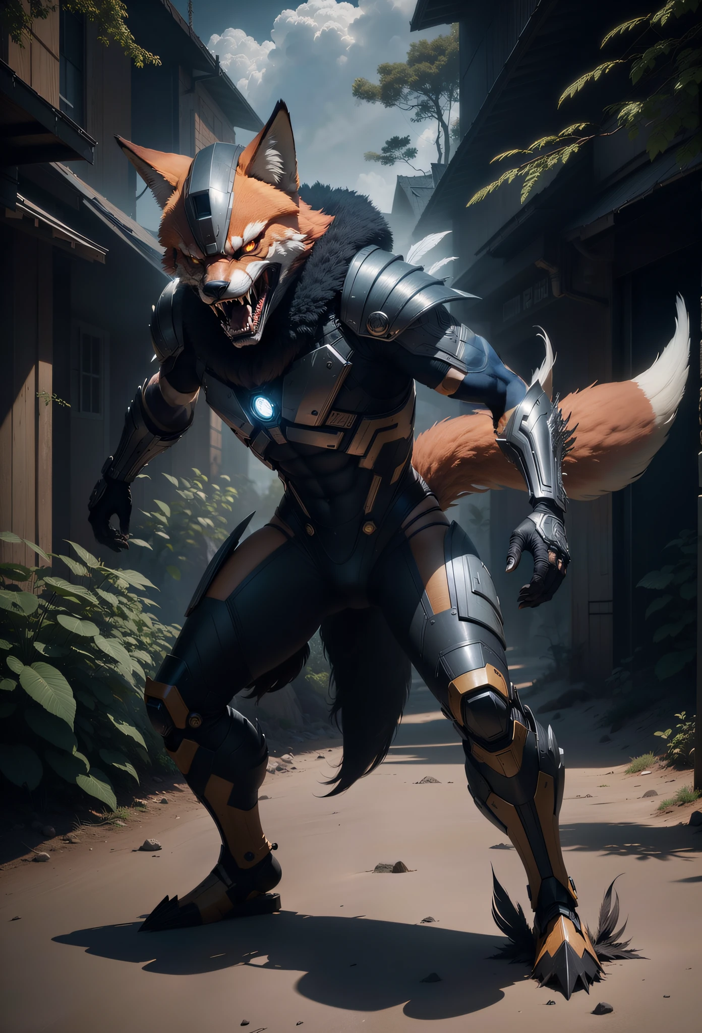 Sci fi humanoid creature with the feathers of a fox and mutant traits similar to rocket teeth, expressive, serious angry face, expressive wearing sci fi armor real photography, natural light, photorealism, cinematic rendering, ray tracing, the highest quality, the highest detail, Cinematic, Third-Person View, Long Exposure, 8K, Ultra-HD, Natural Lighting, Moody Lighting, Cinematic Lighting