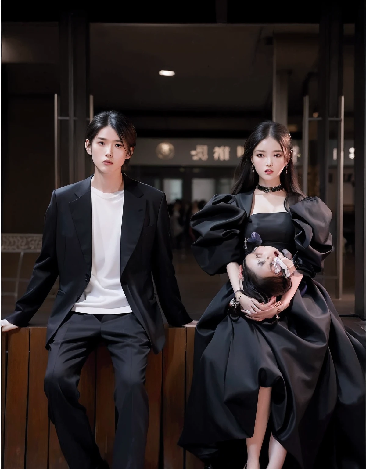 They sat together on benches in black dresses, Ruan Jia and Fenghua Zhong, james jean and fenghua zhong, wearing a black noble suit, wearing causal black suits, With black, yanjun cheng, Cai Xukun, An elegant couple, photoshoot, Chen Zezhou, ruan jia and brom