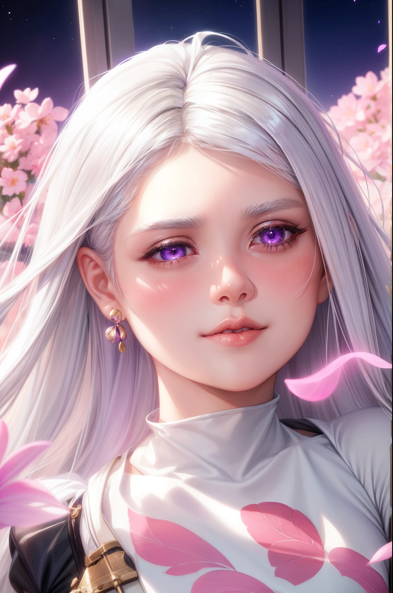 realistic, 1girl, white hair, purple eyes, glowing eyes, crop top, skirt, parted lips, blush, night, flowers, sun, sunlight,