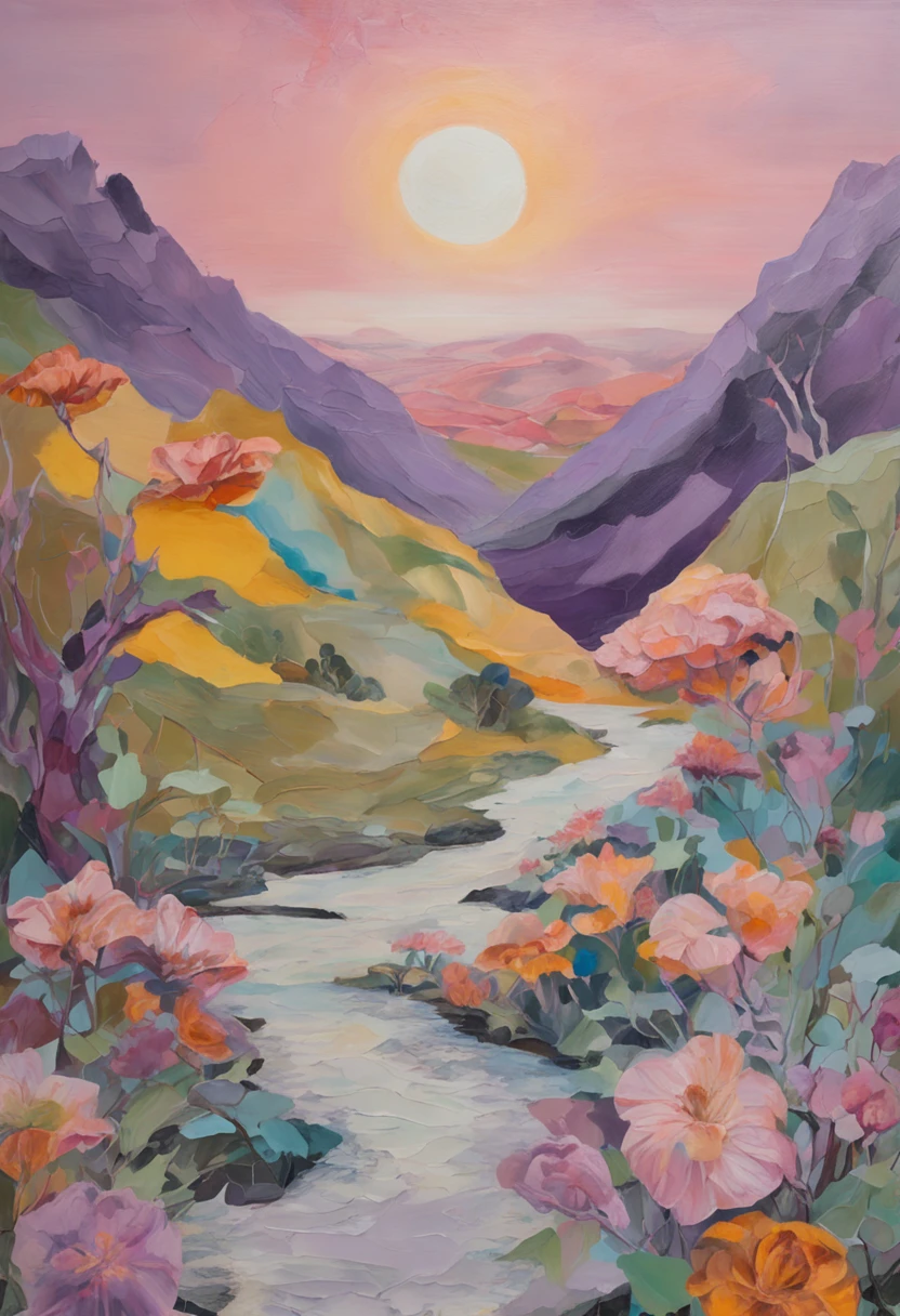 a drawing of a road through the mountains, in the style of floral surrealism, light purple and light amber, sailor moon, rough collage art, romantic moonlit seascapes, naomi okubo, photorealistic fantasies