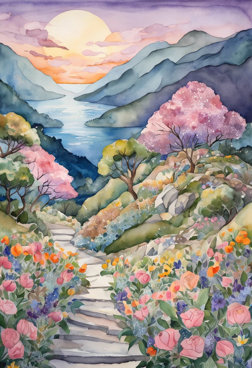 a drawing of a road through the mountains, in the style of floral surrealism, light purple and light amber, sailor moon, rough collage art, romantic moonlit seascapes, naomi okubo, photorealistic fantasies