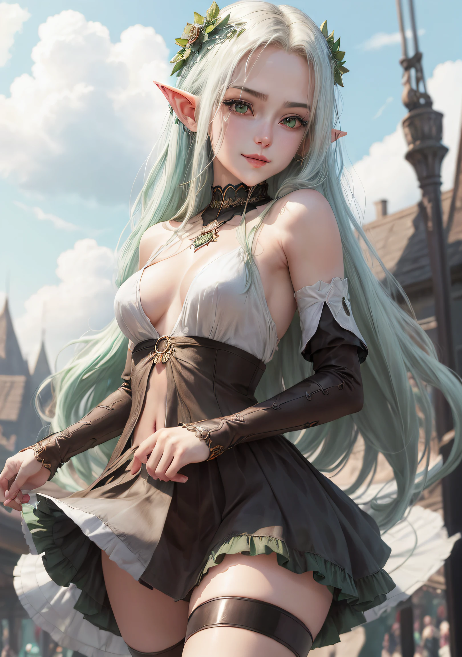 The elf stands and looks at the camera, A girl stands at a fair, green eyes and white hair, The wind lifts the skirt, You can see the underpants,  blue skies, Beautiful clear blue sky, green hairpins in the hair, skinny waist, Slender figure, Appearance of the model, confusion, sexuality, nahida, pixie, elf ears, Beautiful ears, green colored eyes, People's casual clothes, black clothing, pantyhouse, black tights, little chest, You can see the, Upskirt, black clothing, White underpants, Elf Girl, Sweet girl, attractive anime girl, beautiful anime girl, Cute beautiful anime woman, detailed digital anime art, beautiful anime girl, beautiful anime girl, Anime with small details, Best Quality, Masterpiece, Ultra-detailed, Beautiful, hight resolution, Original,CG 8K ультрареалистичный, perfect artwork, beatiful face, Face Clean, Skin, hyper realistic, Ultra Detailed, A detailed eye, dramatic  lighting, (Realistic) Realistic, Full HD, Best Quality, Best Quality, Beautiful lighting, (8k wallpaper of extremely detailed CG unit), High Details, sharp-focus, The art of dramatic and photorealistic painting, beautiful smile, You can see the chest