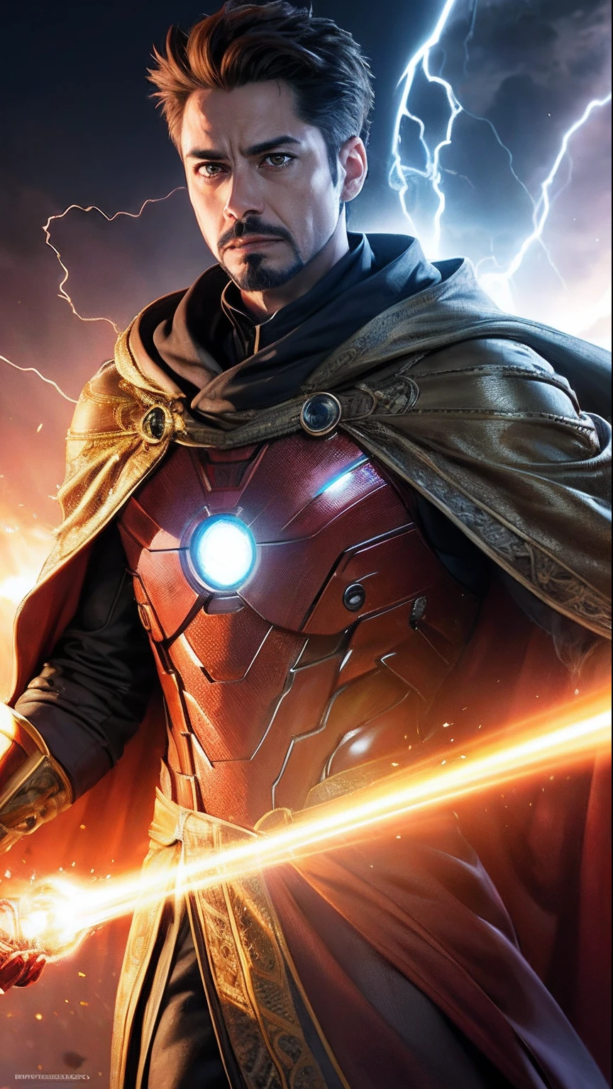 iron man tony stark(skindentation:1.5), Realistic, Photorealistic, (masterpiece:1.5), concept art, intricate details, highly detailed, photorealistic, octane render, 8k, unreal engine, dynamic pose, best quality, highres, (realistic face:1.1), (hyperrealistic:1.1), ((full_body)), perfect eyes,(shiny skin:1.2), (((hairstyle))), (((perfect hands))), (extremely detailed background), ((dynamic background)), ((lightning)), (light rays), wearing cloak, (((flowing cloak))), ((detailed eyes, high quality eyes, high quality face)), (extremely intricate robes, magical robes), short hair, casting lightning, electricity, swirling fire, radiating power, sparks, smoke, magic, ((dramatic)), epic, battlefield, depth of field, bokeh, 4k, gothic, ember, particles