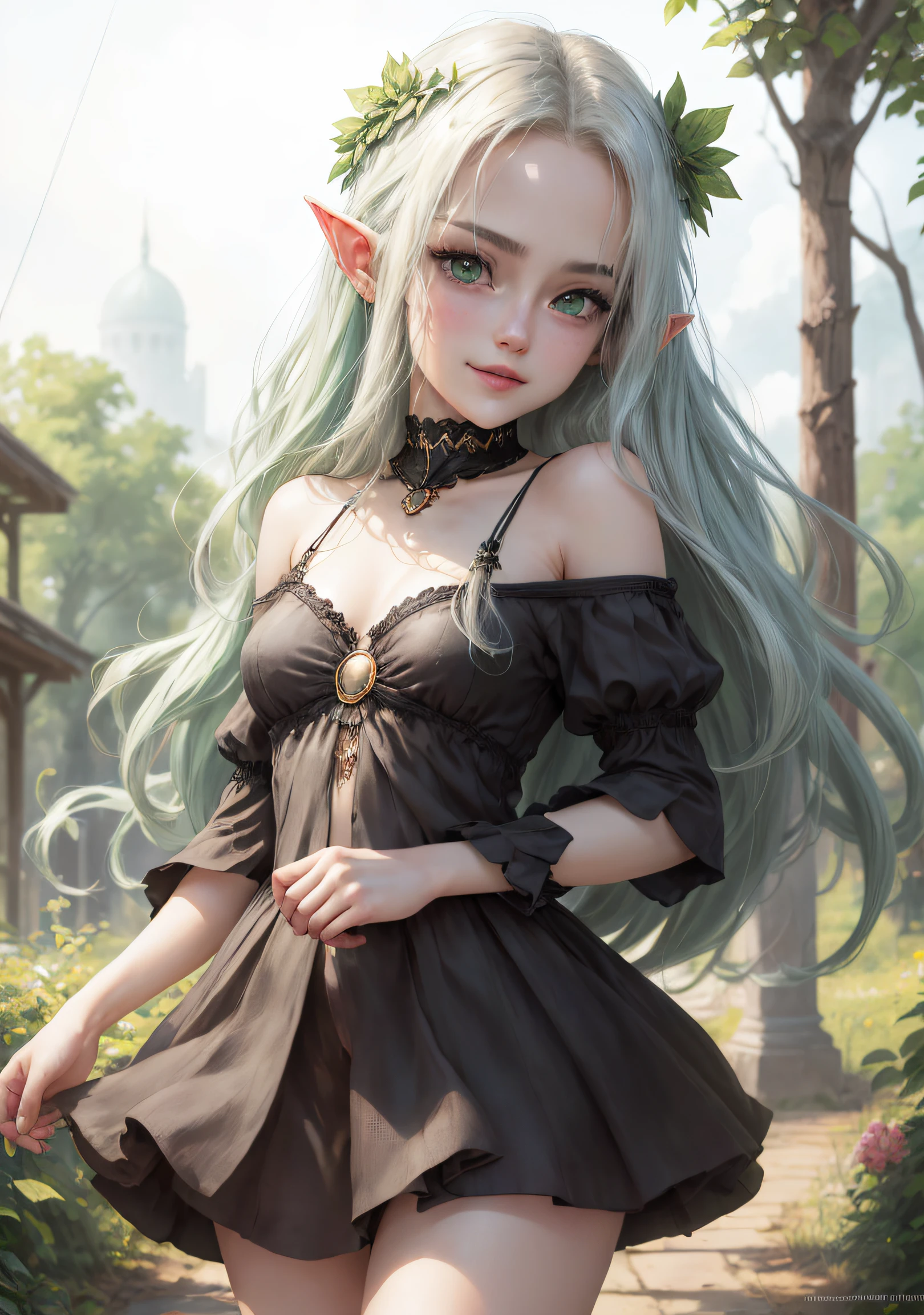 The elf stands and looks at the camera, A girl stands at a fair, green eyes and white hair, The wind lifts the skirt, You can see the underpants, blue skies, Beautiful clear blue sky, green hairpins in the hair, skinny waist, Slender figure, Appearance of the model, confusion, sexuality, nahida, pixie, elf ears, Beautiful ears, green colored eyes, People's casual clothes, black clothing, pantyhouse, black tights, little chest, You can see the, Upskirt, black clothing, White underpants, Elf Girl, Sweet girl, attractive anime girl, beautiful anime girl, Cute beautiful anime woman, detailed digital anime art, beautiful anime girl, beautiful anime girl, Anime with small details, Best Quality, Masterpiece, Ultra-detailed, Beautiful, hight resolution, Original,CG 8K ультрареалистичный, perfect artwork, beatiful face, Face Clean, Skin, hyper realistic, Ultra Detailed, A detailed eye, dramatic lighting, (Realistic) Realistic, Full HD, Best Quality, Best Quality, Beautiful lighting, (8k wallpaper of extremely detailed CG unit), High Details, sharp-focus, The art of dramatic and photorealistic painting, beautiful smile, You can see the chest