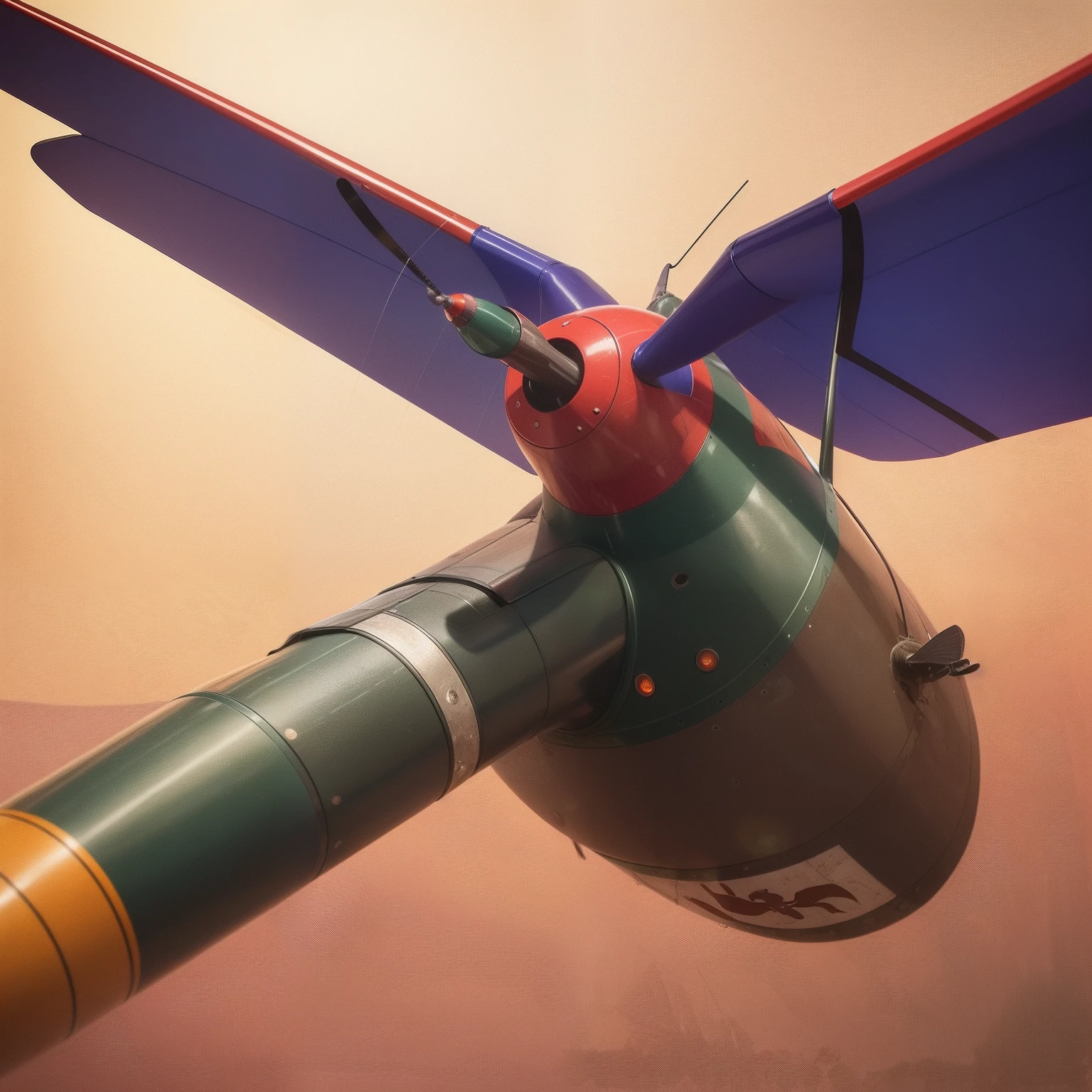Mosquito Flying penis, wings, jet motors, long shaft with portholes, red, green, blue, yellow, orange, purple, indigo, head, long hanging balls in a sack with hair, pubic hair