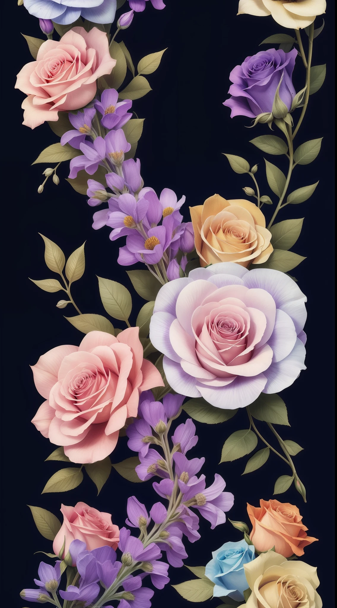 Seamless patterns, step repeating patterns design, Vector, 4K, Art station, Line work, digital print, highly detailed clean, photorealistic masterpiece, professional photography, realistic flowers, flat lavender color background, white flowers, Blue flowers, rose color flowers, light yellow color flowers, pastel colors, very beautiful, artistic, criss cross paterns, 3d effect on flowers,