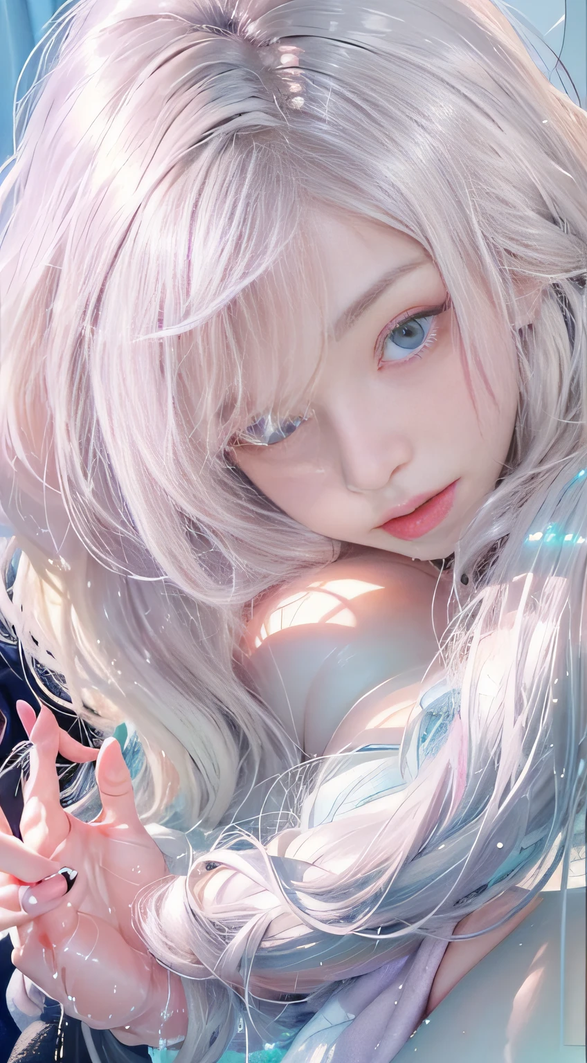 （Girl lying on bed）、portlate、bright expression、Young shiny shiny white shiny skin、Best Looks、ultimate beauty girl、The most beautiful platinum blonde hair in the world、shiny light hair,、Super long silky straight hair、Beautiful bangs that shine、Glowing crystal clear attractive blue eyes、Bust of medium size、（（hide the nipple with both hands,））Z、Beautiful blue eyes that shine、white  hair、silber hair、((Beautiful breasts :1.1)), (Exposed breasts）0p、mix４, (Best Illustration: 1.1), (Best Shadow: 1.1), tongue、Vaginal orchids、Runny Vaginal Discharge、Blowing tide、Very beautiful breasts、Grasp your breasts with both hands、 Spread your legs、sexual excitement、Sex Expressions、shinny skin。realisitic、Photorealsitic:1.37)、(Kpop Idol)、lying on one's side、dishevled hair、Medium Hair、(Pink blush)、(illuminating)、[[Open legs、Spread your legs apart]]、(独奏)、dynamicposes、((erectile nipple))、(Puffy eyes:1.２)、 (Slim legs)、erotick、nffsw、Highly detailed ambient occlusion、超A high resolution, A hyper-realistic, Highly detailed, (yawning), (((exhibitionism))), ((she is soaking wet)).Photo