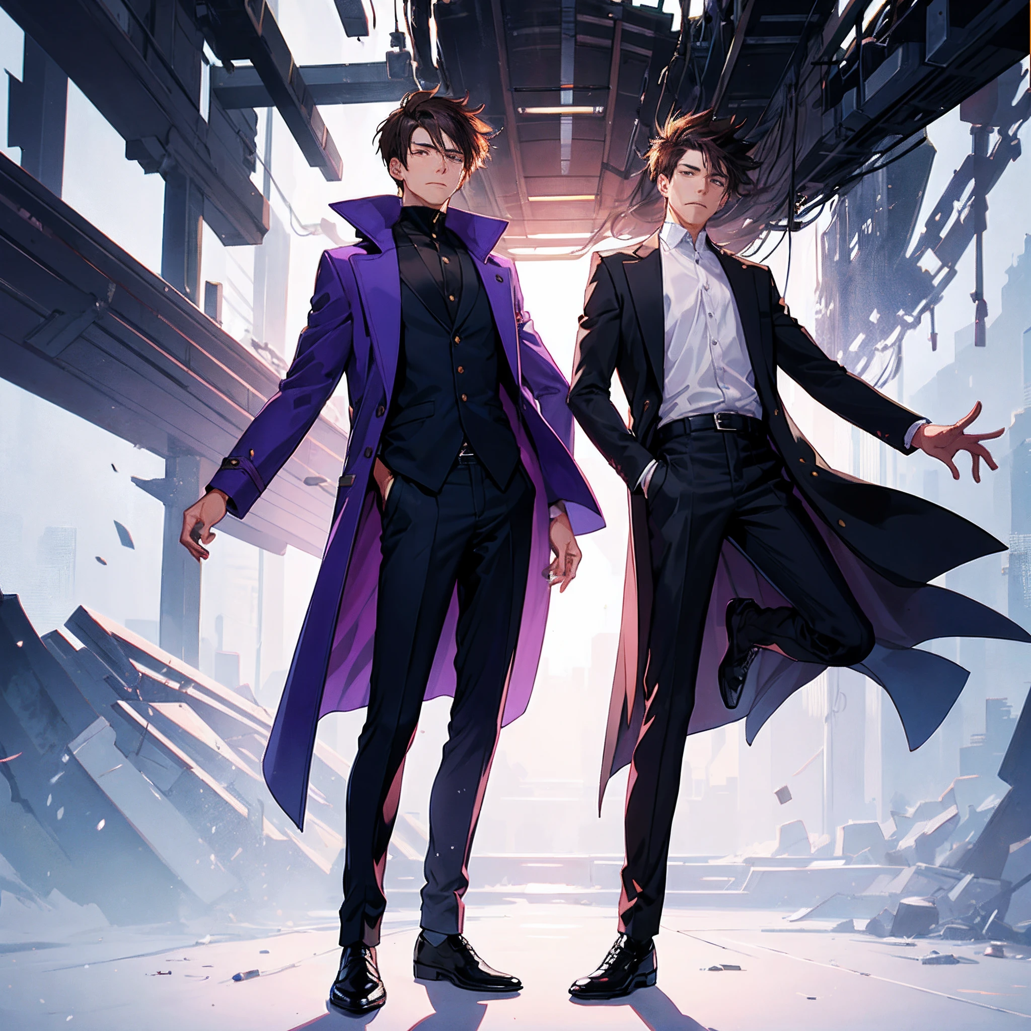 This image depicts a cartoon of a man wearing a purple coat. The man is standing in the center of the frame, with his arms at his sides and his feet slightly apart. His face is turned towards the viewer, revealing an expression that conveys confidence and determination. He wears a long-sleeved purple coat with black buttons down its front, as well as matching trousers and shoes. His hair is short and dark brown, combed neatly to one side.
The background of this image consists of white space which serves to draw attention to the figure in the foreground. The colors used are muted but still vibrant enough to create contrast between them; for example, there's a stark difference between the deep purple hue of the man's clothing and the bright white backdrop behind him.
The overall composition creates an atmosphere that suggests strength and resilience; it could be interpreted as representing someone who has overcome adversity or achieved success despite difficult circumstances. It also implies that this person has something important they want to communicate - perhaps their story or message can inspire others facing similar struggles?