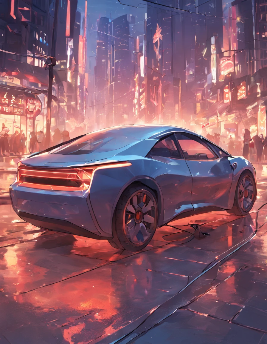 There is a car charging at a charging station with a charger,Depicted as a 3D rendering,cg art,photorender,charging through city,Alternately angled rendering