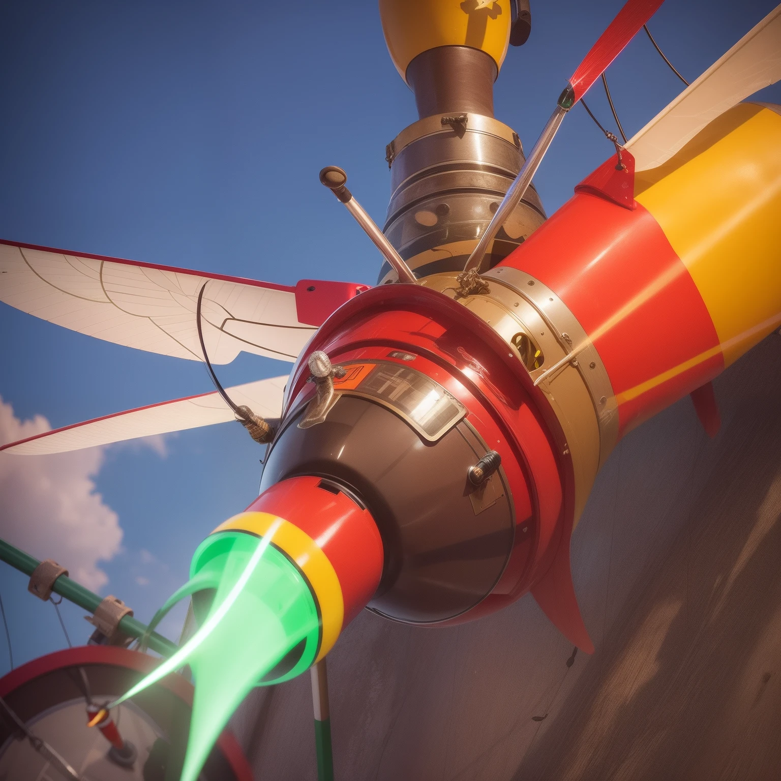 Mosquito Flying penis, wings, jet motors, long shaft with portholes, red, green, blue, yellow, orange, purple, indigo, head, long hanging balls in a sack with hair, pubic hair