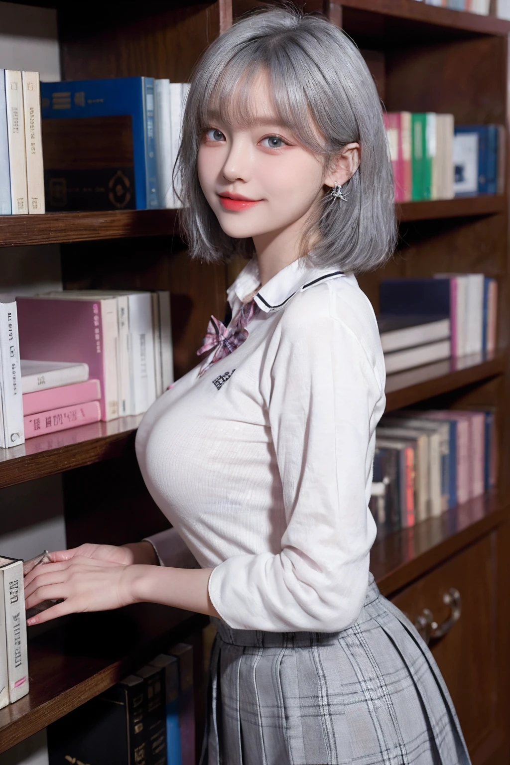 best images quality,RAW photos,超高分辨率,taken from the side,gently smiling,16 yaers old,very Bigger breasts,tiese,Ribbons,校服,collared shir,School Uniform Shirts,Plaid skirts,White skin of the,Shiny white skin,a short bob,bright silver hair,bright gray hair,The bangs are neatly arranged,beautidful eyes,beautiful eyes of random colors,Very thin lips, beautiful eyes with details,Elongated eyes,pale pink blush,long eyelasher,beautiful double eyelid,eye shadows,耳Nipple Ring,Night School,Dark library at night,Stand next to the bookshelf
