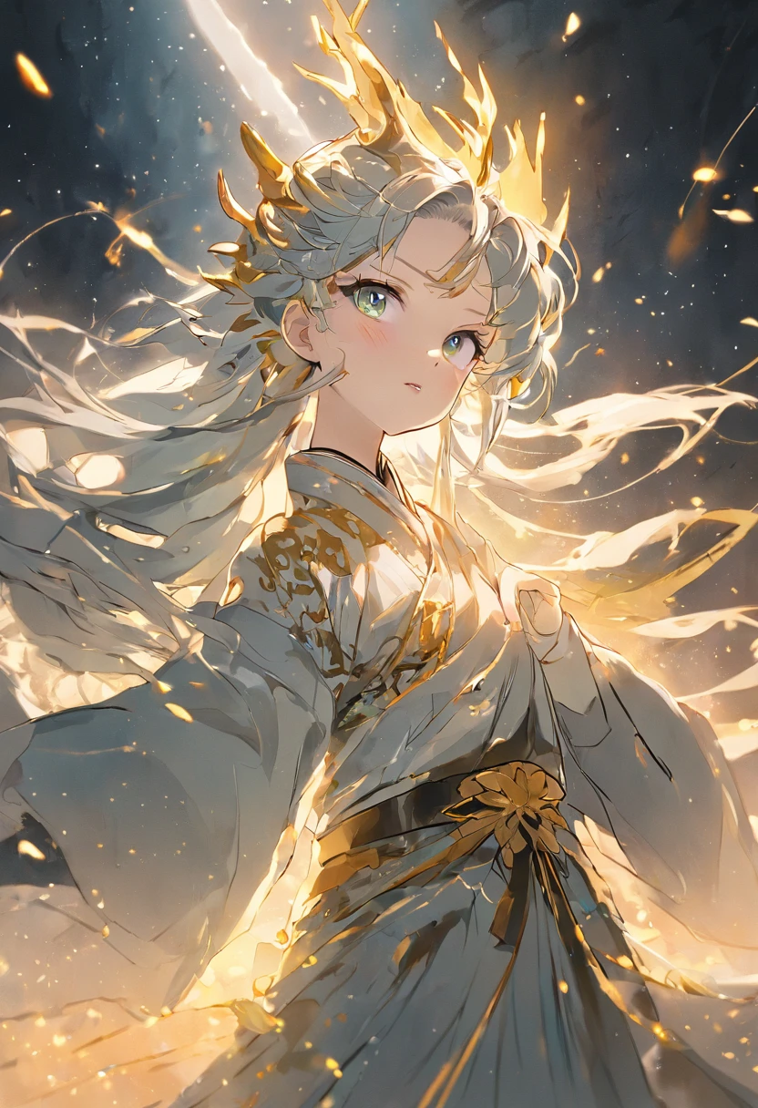(masterpiece), (best quality), (super delicate), (illustration), (extremely delicate and beautiful), (dynamic angle), white and black highlights, (legendary Dragon Queen:1.3)(1 girl), Hanfu, (complex details) (beautiful and delicate eyes), golden eyes, green pupils, delicate face, upper body, messy floating hair, messy hair, focus, perfect hands, (fantasy wind)