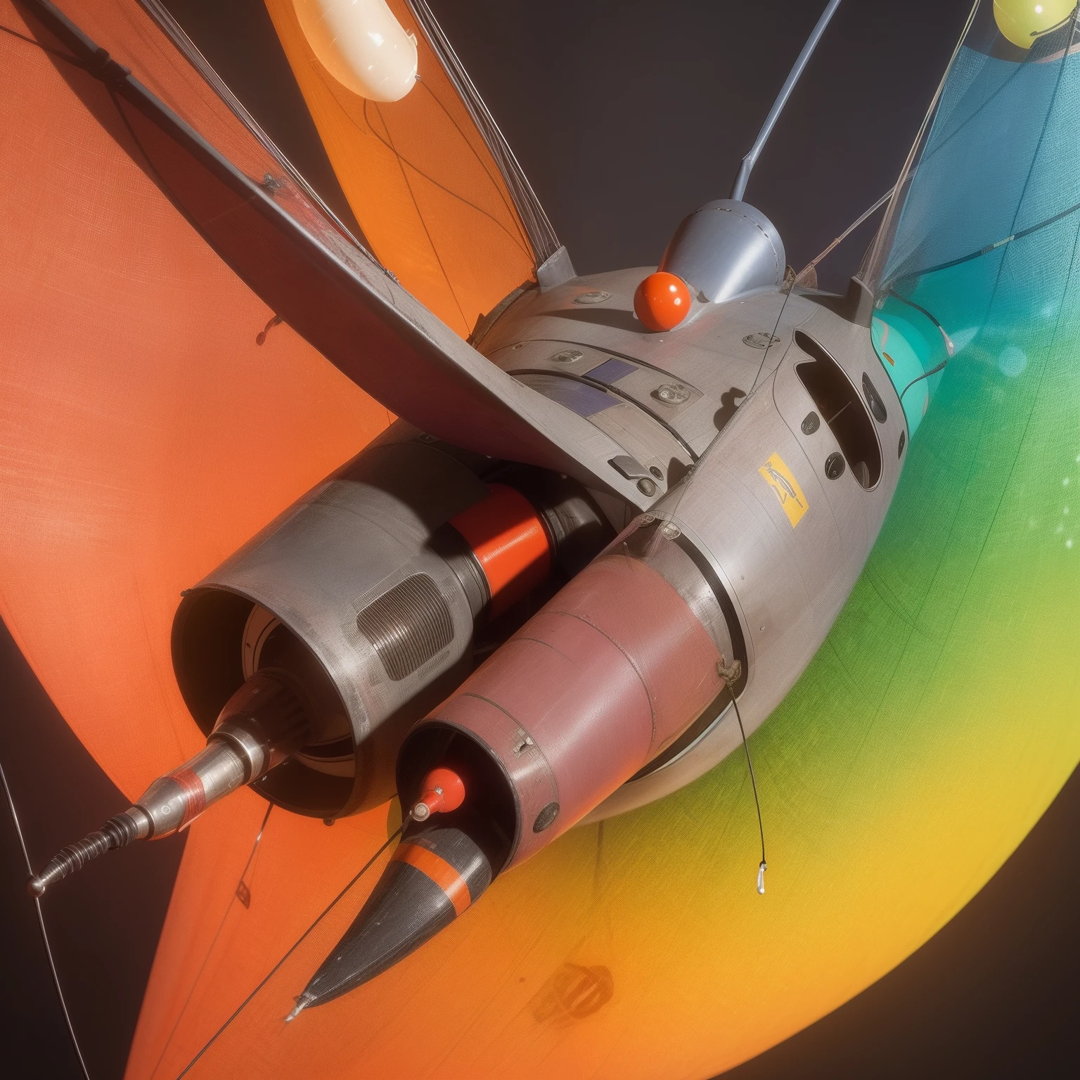 Mosquito Flying penis, wings, jet motors, long shaft with portholes, red, green, blue, yellow, orange, purple, indigo, head, long hanging balls in a sack with hair, pubic hair
