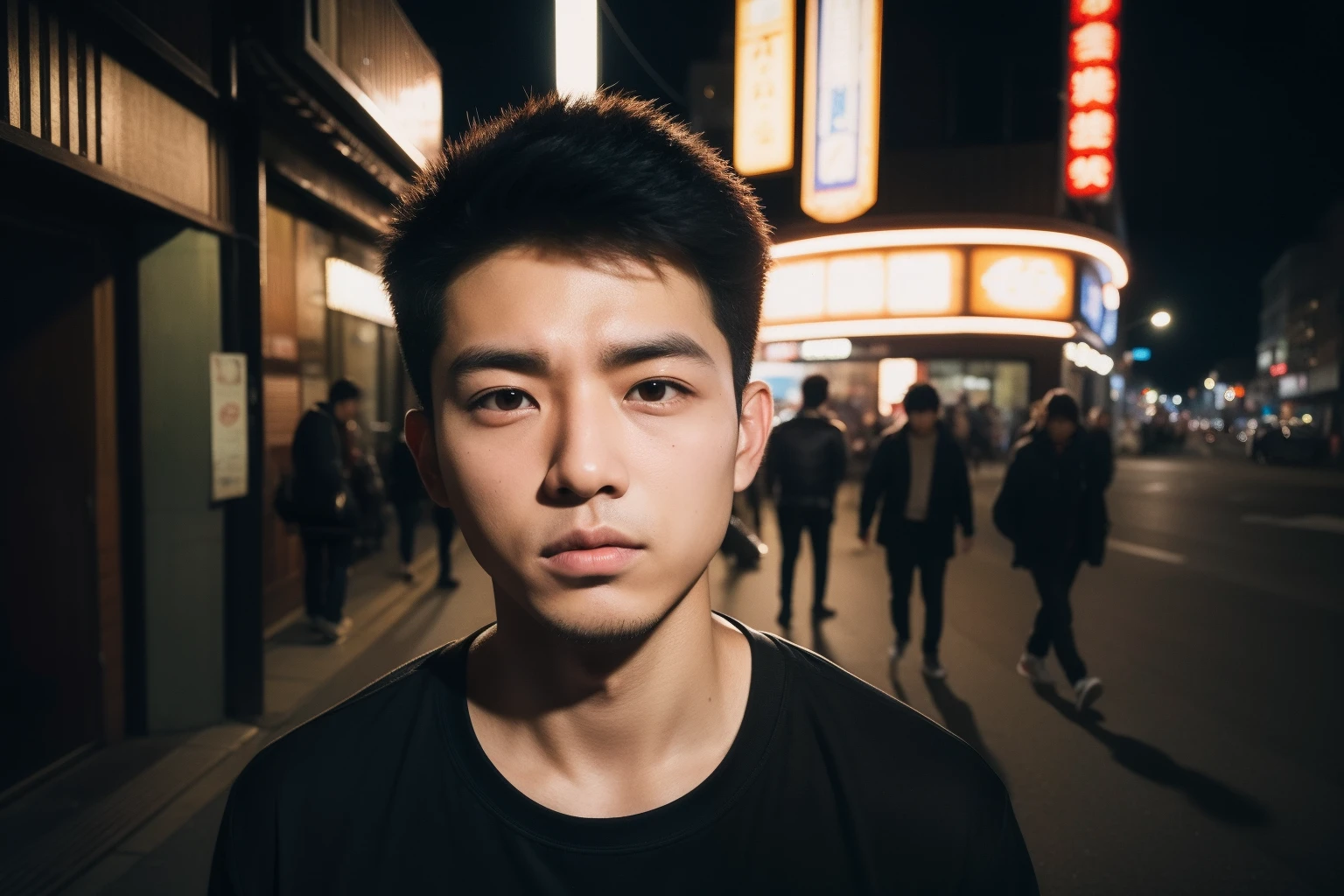 Arafed Asian man standing on a city street at night, Sul Coreano Masculino, asian male, Retrato tirado 8 K, south east asian with round face, Retrato no meio da foto, jovem bonito, Foto retrato suave 8 k, handsome japanese demon boy, homem atraente, Jovem com rosto bonito, portrait of a japanese teen, foto retrato, Bonito Chade Chin. angry expression