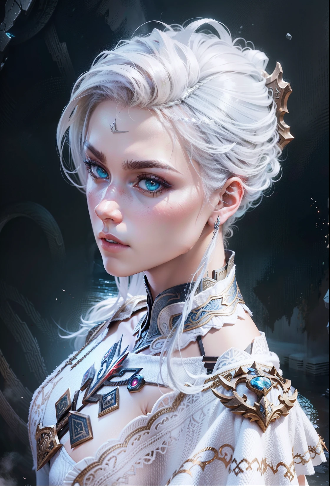 Full body, low angle, wide angle, insanely hyper-detailed and intricate realistic, corrupted female, ((black-gold glowing tattoo on shoulder)), messy platinum hair, sunny, active pose, long legs, slender body, ice flowers (((luminescent circuitry patterns that glow with an eerie blue hue))), detailed face, detailed skin, front, frozen forest in background, choker, hyperdetailed painting, luminism, Bar lighting, complex, 16k resolution concept art portrait by Greg Rutkowski, Alphonse Mucha