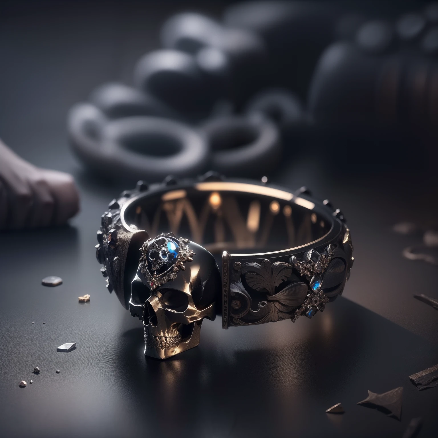 Masterpiece，highest  quality，(Nothing but the ring)，(No Man),The ring is set with a skull，death，blood，terroral，Wrapped around the end from beginning to end，Delicate obsidian ring，The sheen，inverted image，Sparkling gemstones，Elegant and noble,simple backgound