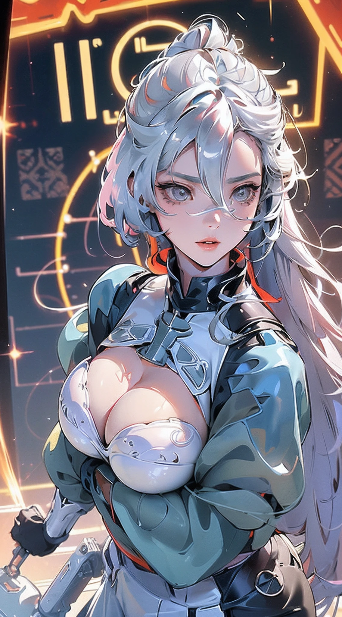 (Best Quality, 8k, 32k, Masterpiece, UHD:1.3), (Photo of Attractive Japanese Woman), 1 Girl, (bountiful lush Boobs)), Abs, Perfect Body, Ultra Detailed Face, Detailed Lips, Fine Eyes, double eyelids,, (seductive), ((aroused:1.5)), ((in heat)), ((milf)) sexy girl, busty, beautiful girl, jaw-dropping beauty, girl in mecha cyber armor, silver long hair, ferra white mecha, female mecha, mechanized valkyrie girl, beutiful white uniform  clothed in sci-fi military armor, scifi woman, in white futuristic armor, gorgeous female paladin, ((focus on breast and face)), close up to upper body, cleavages:0.5, smiling beautifully, in mecha cockpit, perfect body