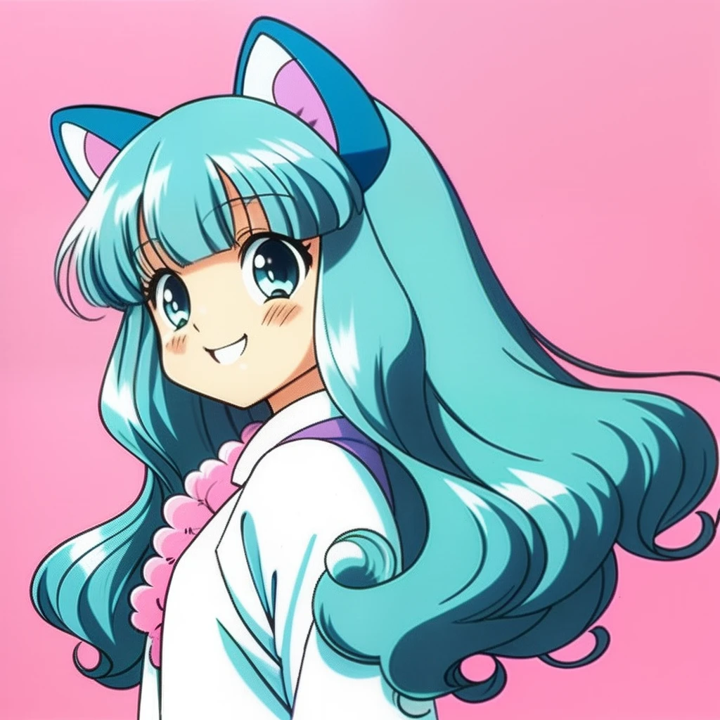 muted pastel colors, Retro anime, 1990s anime, 1980s anime, Brush strokes,long whitr hair,curlies,grin,Tanuki cat,solid color backdrop