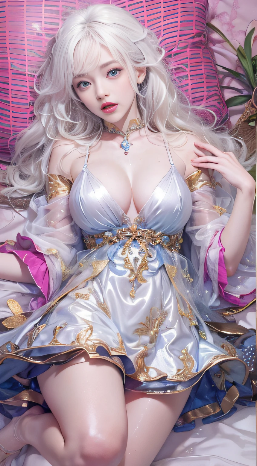 （Girl lying on bed）、portlate、bright expression、Young shiny shiny white shiny skin、Best Looks、ultimate beauty girl、The most beautiful platinum blonde hair in the world、shiny light hair,、Super long silky straight hair、Beautiful bangs that shine、Glowing crystal clear attractive blue eyes、Bust of medium size、（（hide the nipple with both hands,））Z、Beautiful blue eyes that shine、white  hair、silber hair、((Beautiful breasts :1.1)), (Exposed breasts）0p、mix４, (Best Illustration: 1.1), (Best Shadow: 1.1), tongue、Vaginal orchids、Runny Vaginal Discharge、Blowing tide、Very beautiful breasts、Grasp your breasts with both hands、 Spread your legs、sexual excitement、Sex Expressions、shinny skin。realisitic、Photorealsitic:1.37)、(Kpop Idol)、lying on one's side、dishevled hair、Medium Hair、(Pink blush)、(illuminating)、[[Open legs、Spread your legs apart]]、(独奏)、dynamicposes、((erectile nipple))、(Puffy eyes:1.２)、 (Slim legs)、erotick、nffsw、Highly detailed ambient occlusion、超A high resolution, A hyper-realistic, Highly detailed, (yawning), (((exhibitionism))), ((she is soaking wet)).Photo
