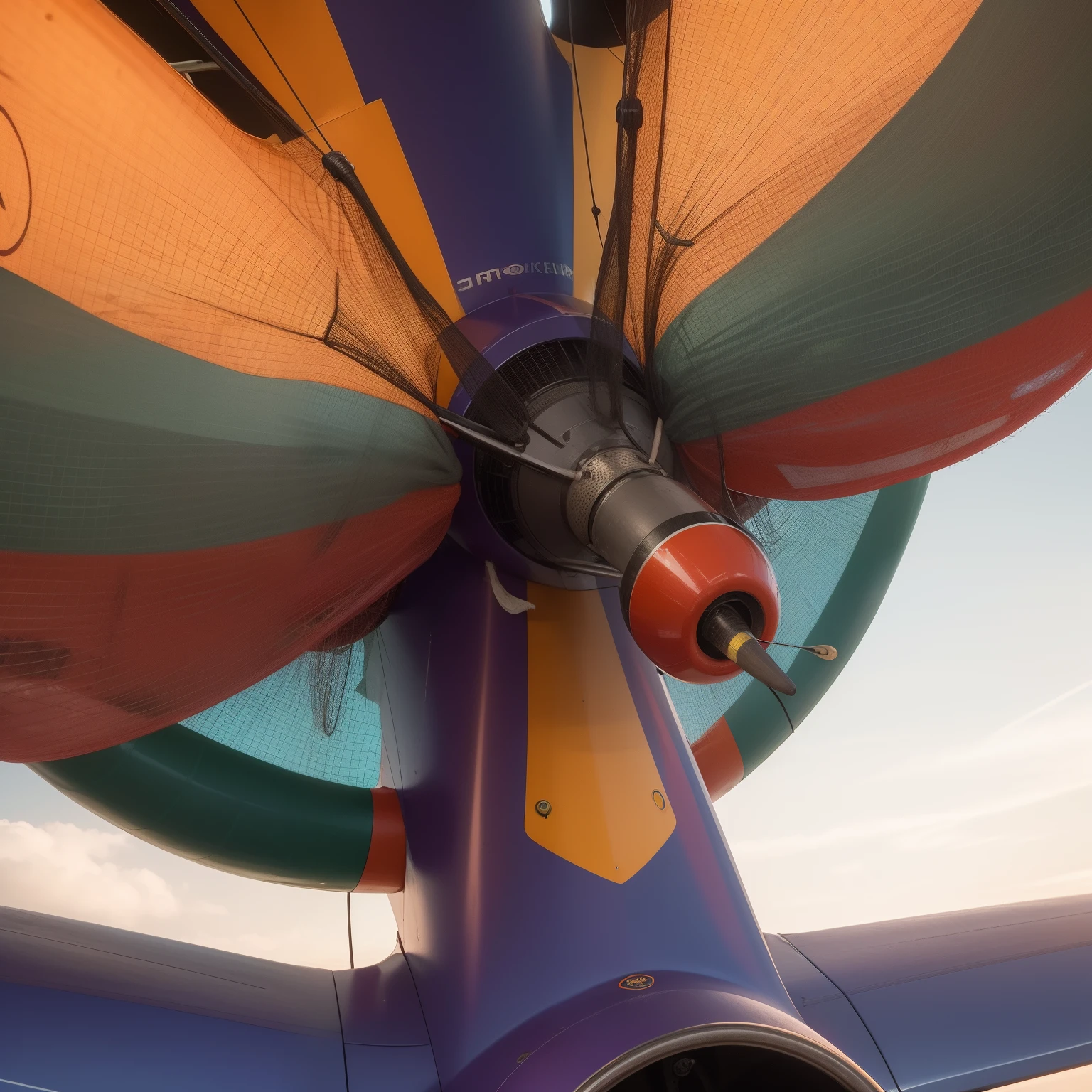 Mosquito Flying penis, wings, jet motors, long shaft with portholes, red, green, blue, yellow, orange, purple, indigo, head, long hanging balls in a sack with hair, pubic hair