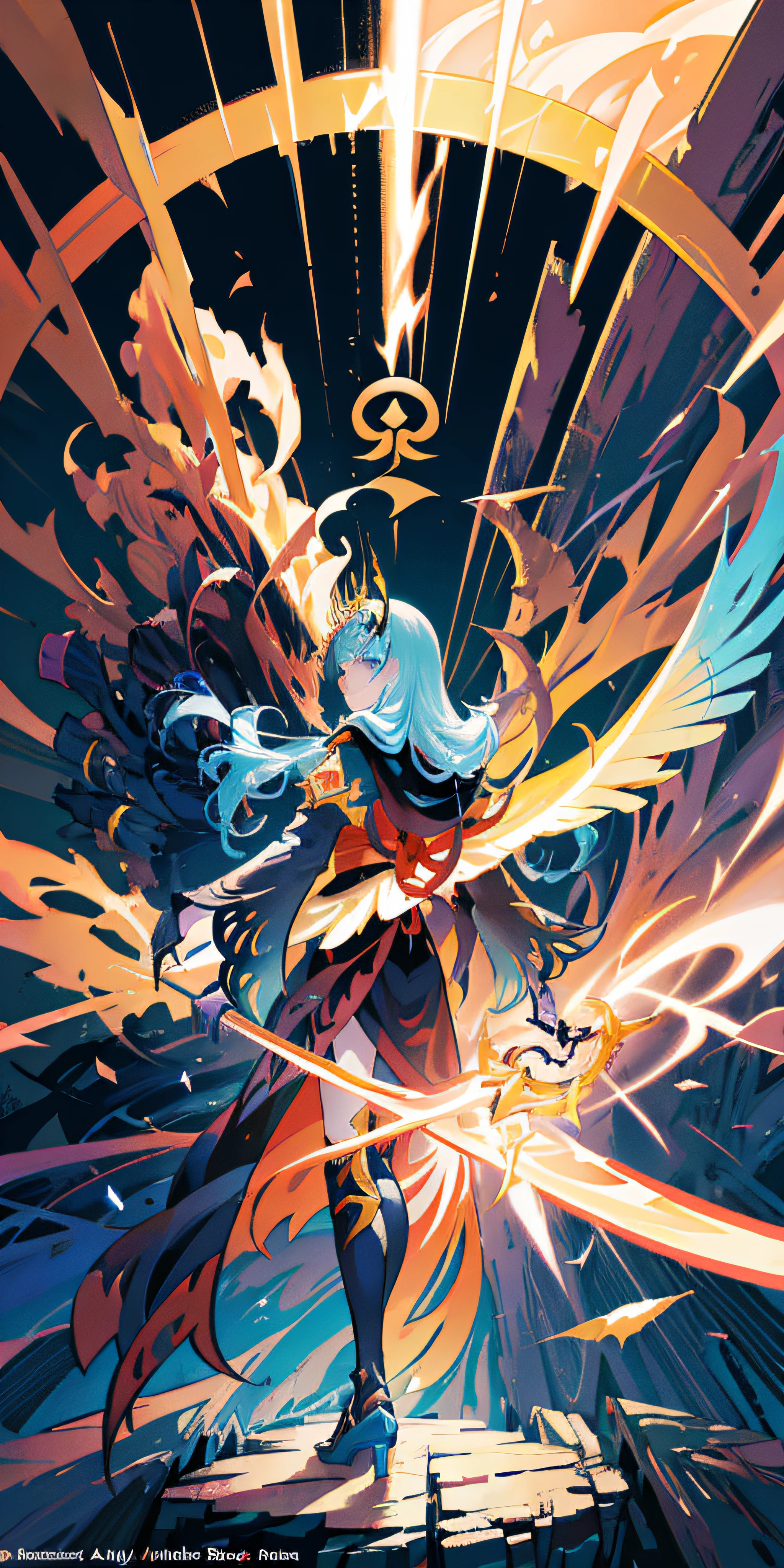Anime figure，Dark villain，Beauty side face，Long hair flying，（golden headdress），Two teenage girls back to back，（Simple helmet）Spark ashes burn，The samurai held a sword, Wear contrasting armor, The whole picture of the witch and the witch skeleton,（standing full-body），（（Faraway view）），（HD8K），ultra-wide-angle，The background is gorgeous，the original god, demon anime girl, Angel anime girl，fantasy paladin man, Dragon Knight,Spread your black feathered wings，Mobile Genshin Influence, Anime 8 k, Anime fantasy illustration, Genshin Impact, Tough and cold character, Detailed key anime art, Ayaka Genshin impact, onmyoji portrait，Close-up of shooting random weapons, Comic book epic artwork, Epic fantasy digital art style,Epic fantasy art style, 8K high quality detailed art, Epic fantasy art style HD, Faraway view，Behind him，This is a golden glowing magic array。，Purify the flame，HD anime visuals，full portrait of magical knight