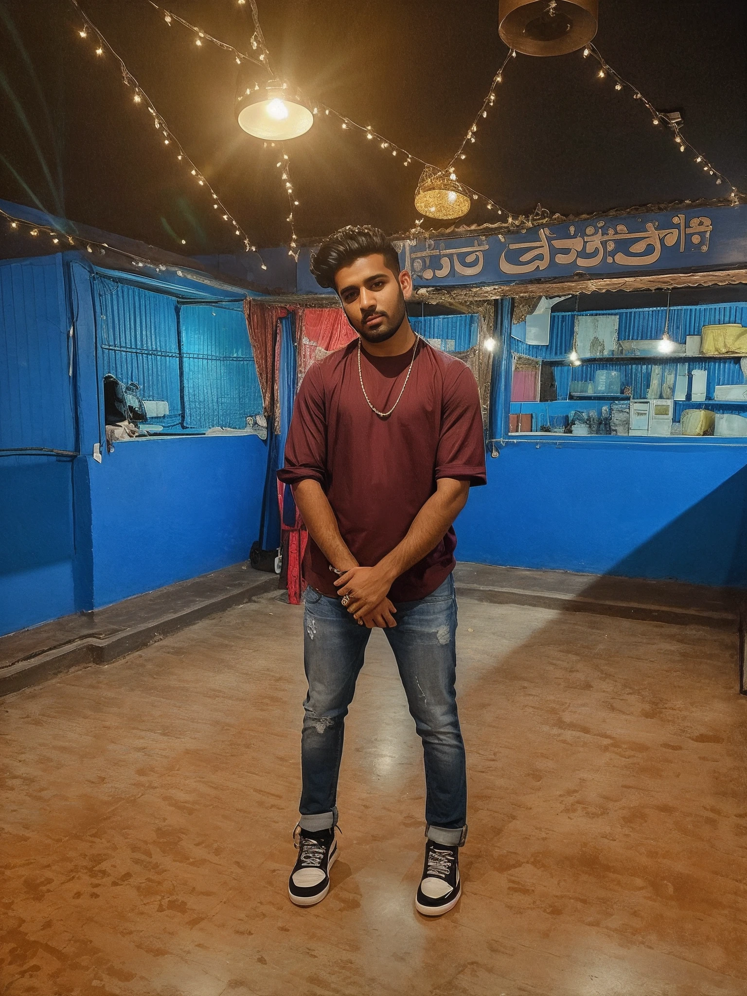 there is a man standing in a room with a blue wall, full body photogenic shot, jayison devadas style, with a cool pose, mid shot portrait, new song, full body picture, very artistic pose, stylish pose, cool pose, mohamed chahin style, taken with sony alpha 9, dr zeus, shot at night with studio lights,8k resulation