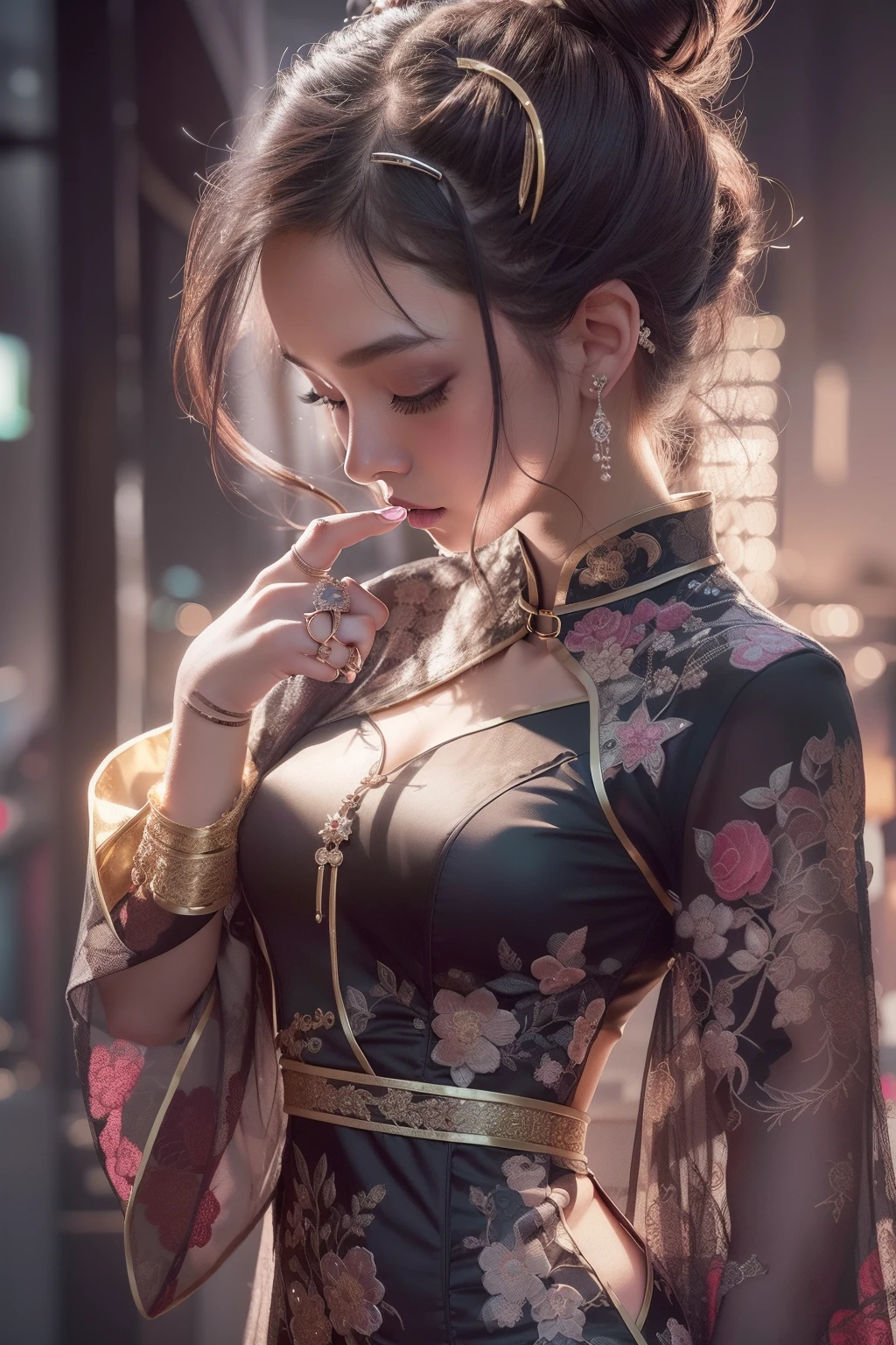 (1 girl is standing with cheongsam:1.1), from right side, portrait, slim body, inverted triangle face, (she blushed:1.3), ((wearing a rings with show off ring:1.4), (lighting:1.3)), slit eyes with light black eyes, night city background, white black twin-bun hair, looking down and side, golden hour, ultra-realistic skin, absurd resolution, extremely detailed, intricate detailed highest quality, conceptual contrast, multilayered,