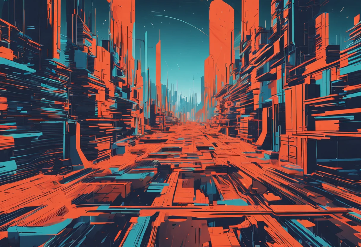 an abstract scifi 3d city animation, in the style of glitch aesthetic, dark sky-blue and orange, undulating lines, i can't believe how beautiful this is, reefwave, precisionist art, cracked