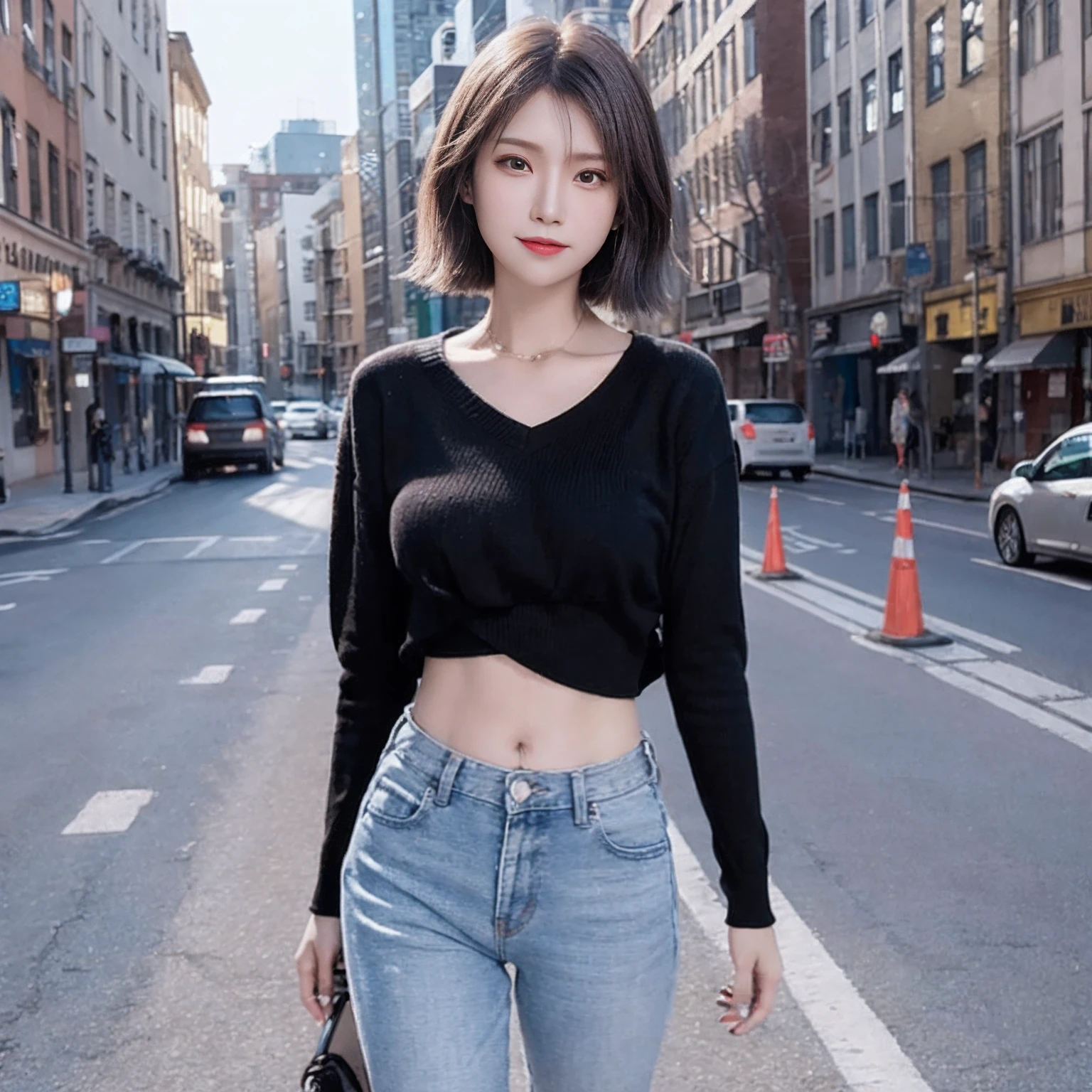 ((sweater:1.2)),((巨乳:1.2)),clothed,((torn_jeans:1.1))、
