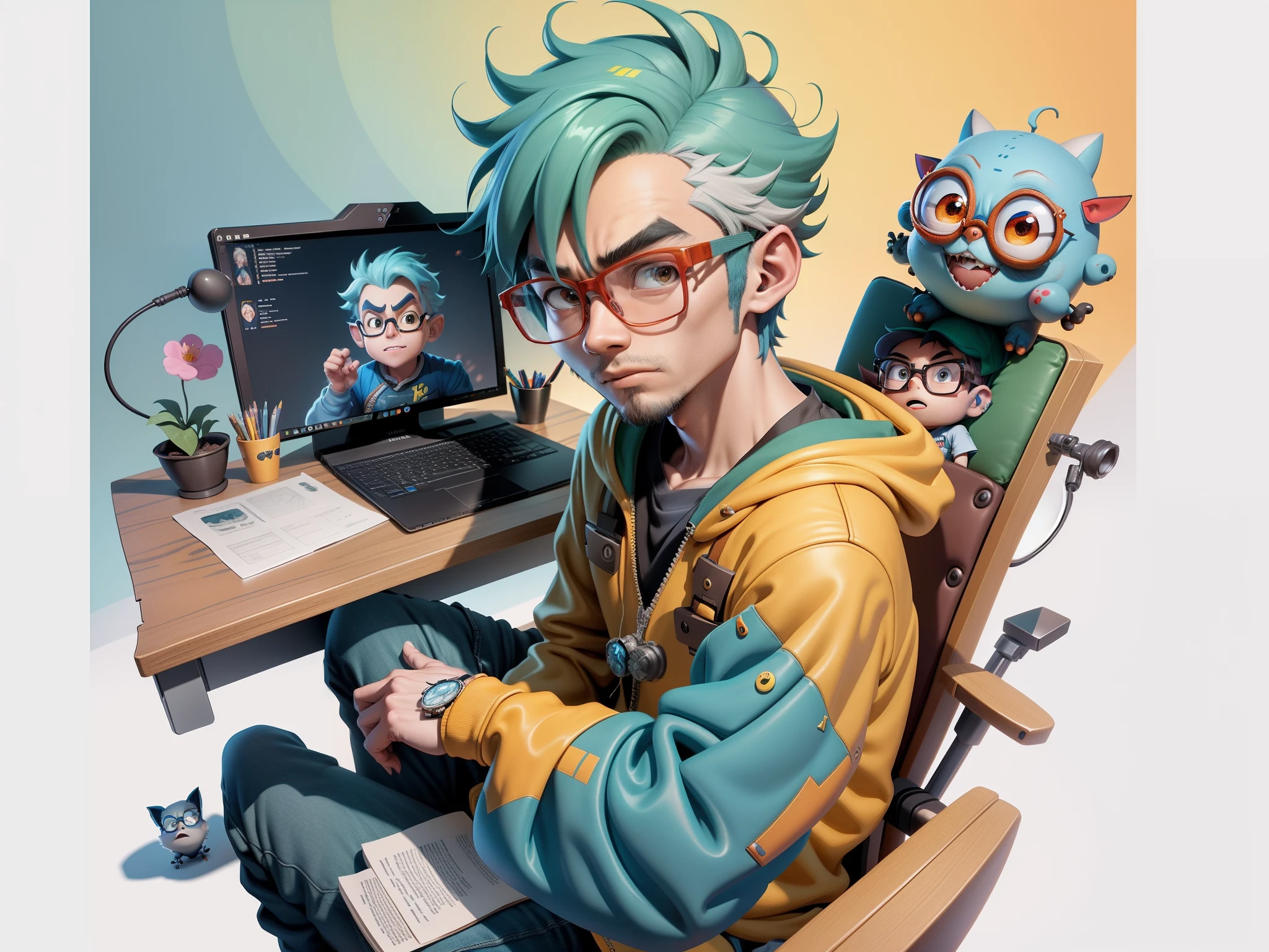 A young man with glasses sits at his desk，holding laptop，digitial painting，3D character design by Mark Clairen and Pixar and Hayao Miyazaki and Akira Toriyama，4K HD illustration，Very detailed facial features and cartoon-style visuals。