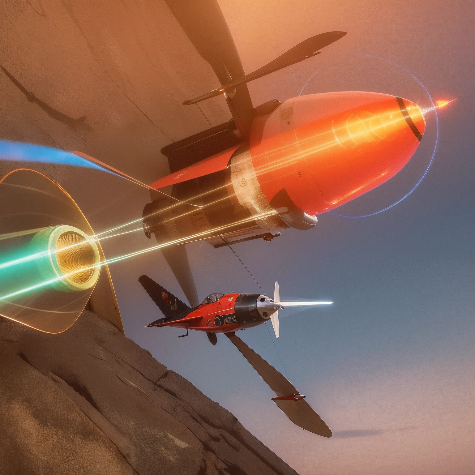 Mosquito Flying penis, wings, jet motors, long shaft with portholes, red, green, blue, yellow, orange, purple, indigo, head, long hanging balls in a sack with hair, pubic hair