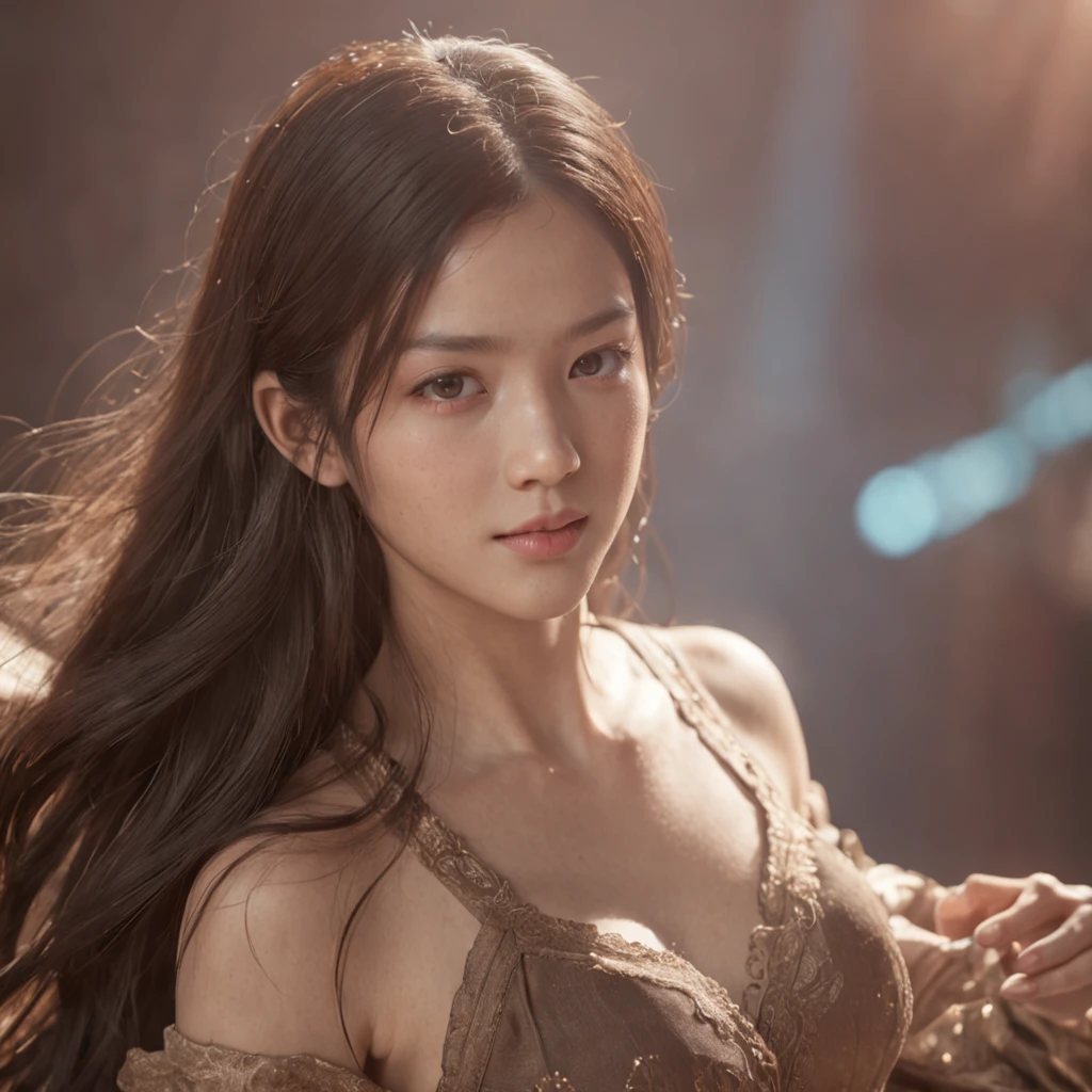 (RAW photo, best quality), (realistic, photo-realistic:1.3),best quality,highly detailed,masterpiece,ultra-detailed,illustration,1girl,upper_body,dynamic angle,world masterpiece theater,messy_long_hair,best quality,extremely detailed CG unity 8k wallpaper,ink,Amazing,cinematic lighting,lens_flare, dunhuang_style