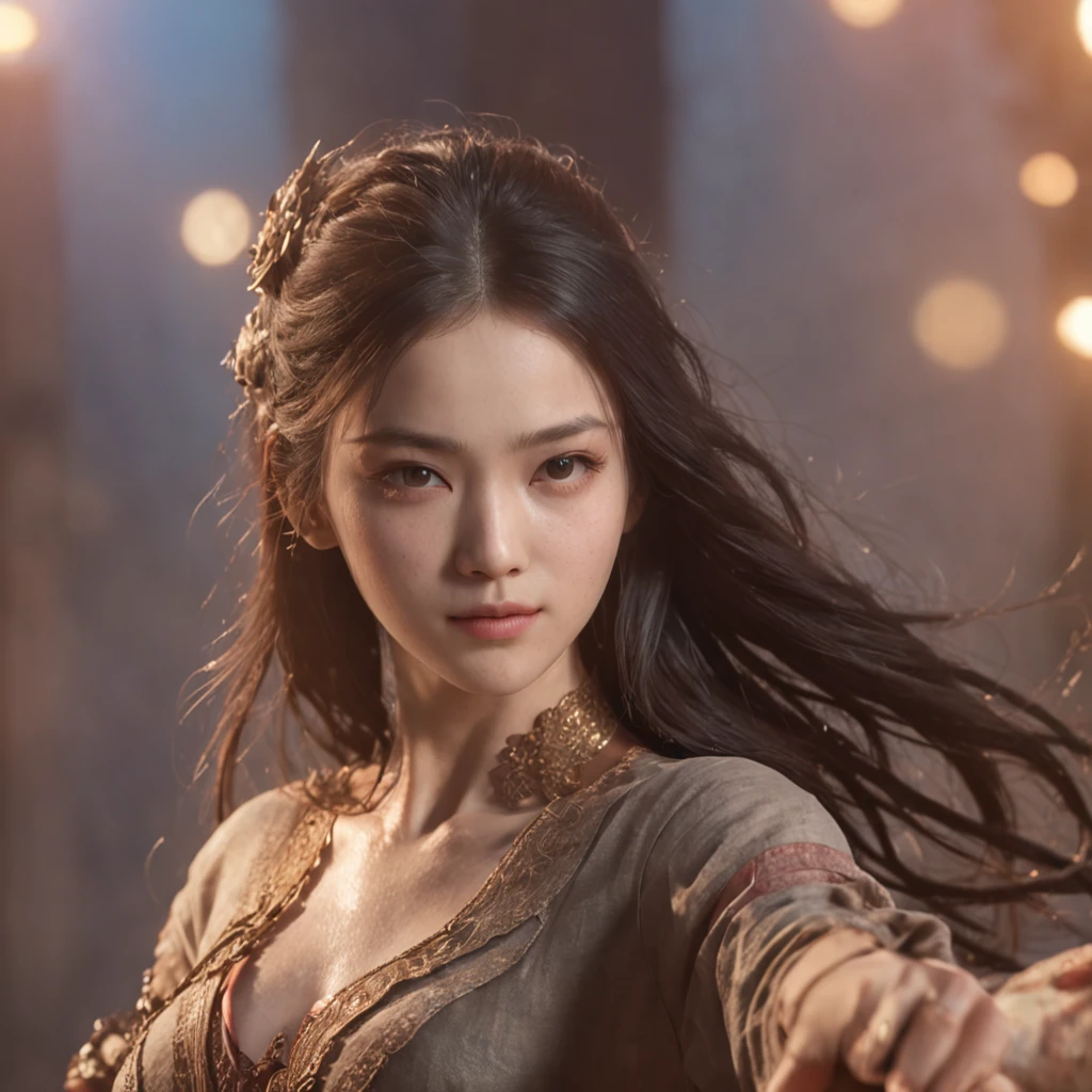 (RAW photo, best quality), (realistic, photo-realistic:1.3),best quality,highly detailed,masterpiece,ultra-detailed,illustration,1girl,upper_body,dynamic angle,world masterpiece theater,messy_long_hair,best quality,extremely detailed CG unity 8k wallpaper,ink,Amazing,cinematic lighting,lens_flare, dunhuang_style