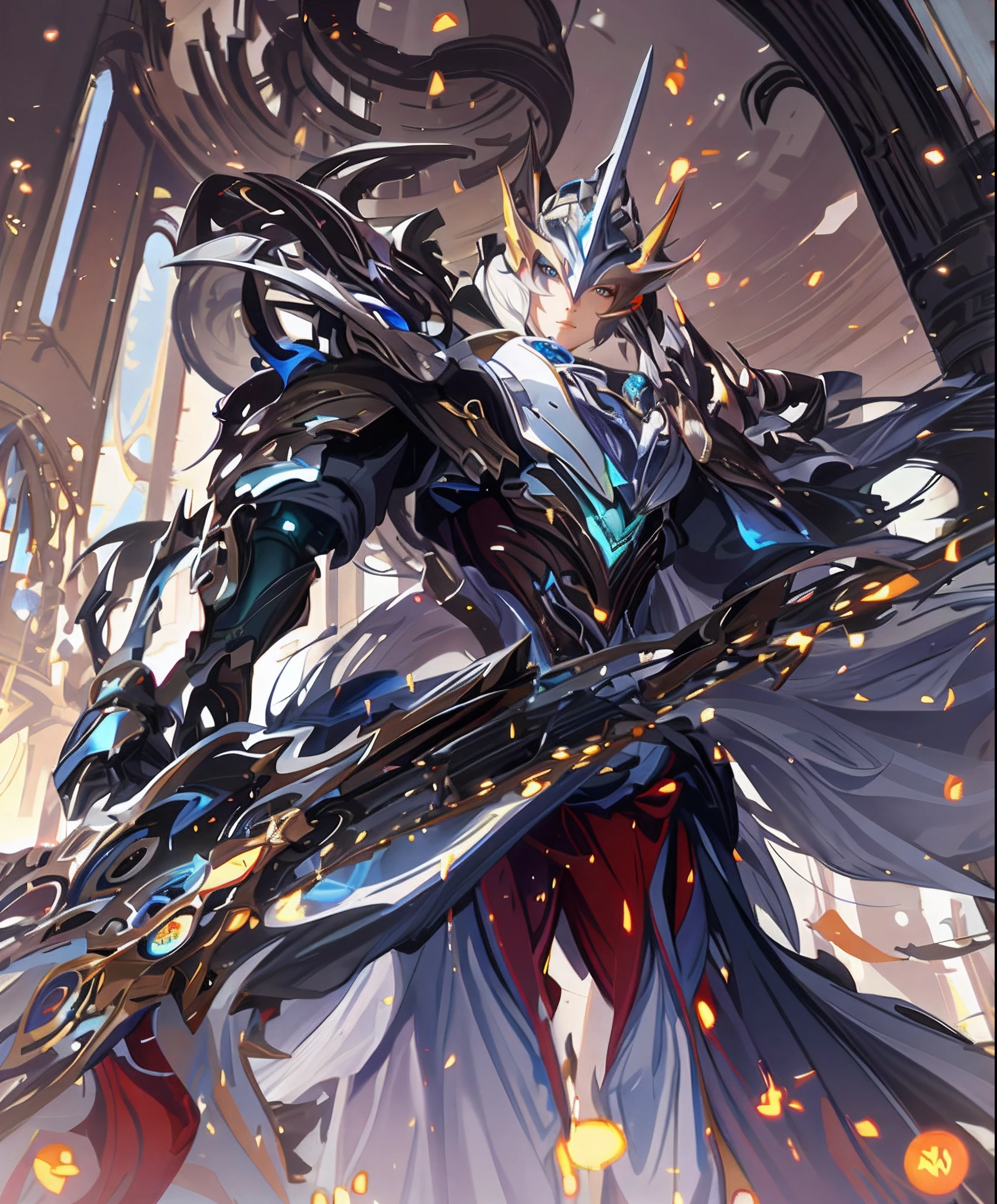 a close up of a person holding a sword in a dome room, style of raymond swanland, 8k hd wallpaperjpeg artifact, inspired by Raymond Swanland, 8 k hd wallpaperjpeg artifact, by Raymond Swanland, 4k fantasy art, by Yang J, anime epic artwork, lineage 2 revolution style, wlop and krenz cushart