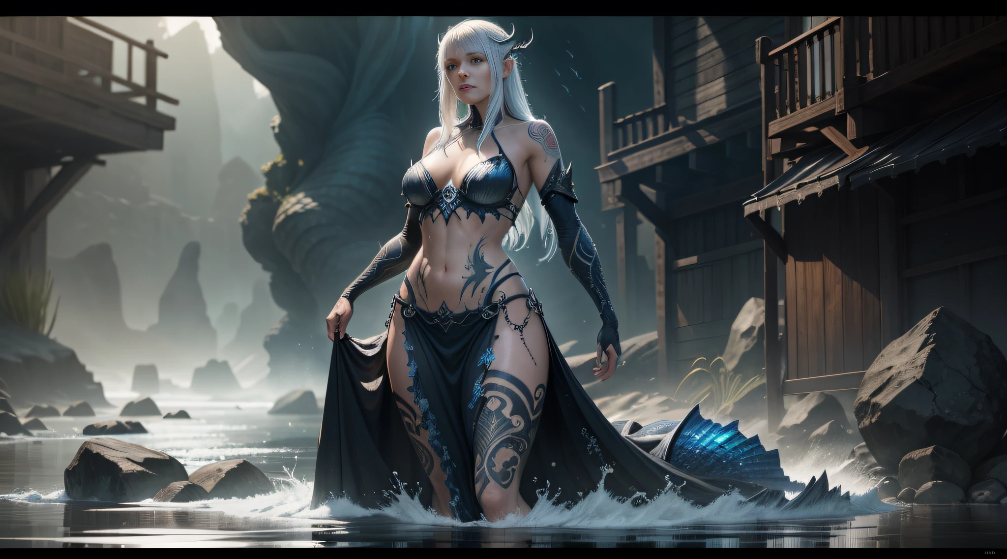 Banshee of the Deep,Water clothes,Texture,Tattooed with,Mechanical texture,Full body wrapping,Fish scale skin,8K high-definition, Render the atmosphere, A detailed, ultra - detailed,