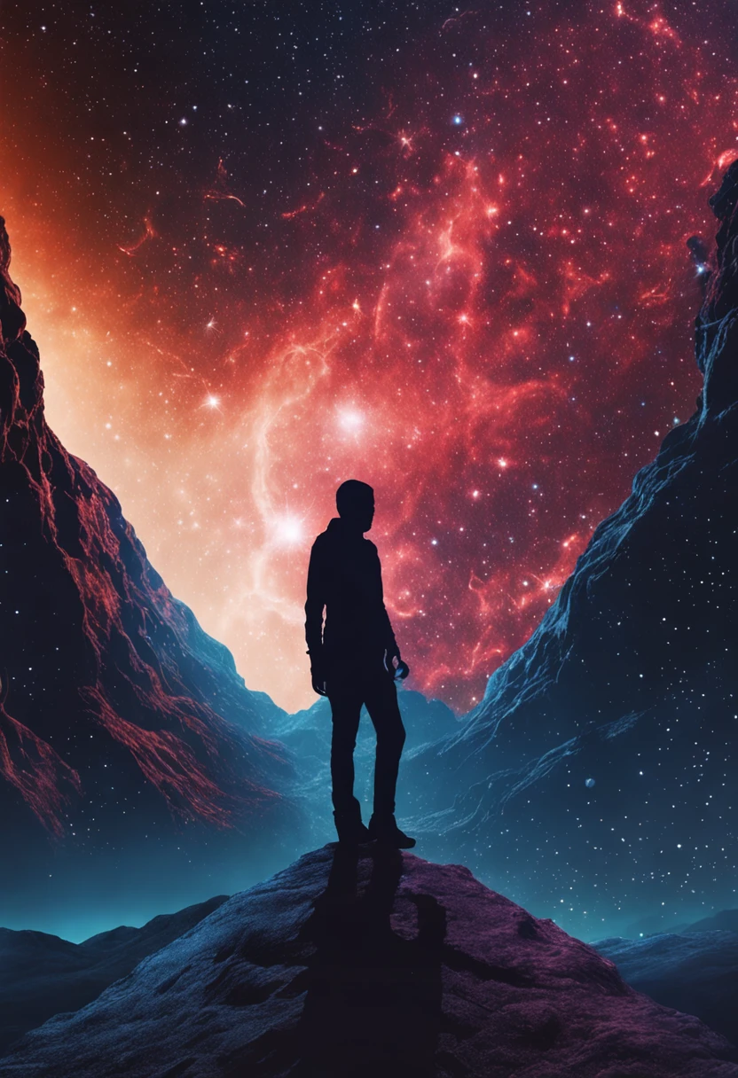 Cosmic dust and interstellar matter，The silhouette of the human body formed by molecular clouds and gas clouds，ultra-realistic realism，Incredible，Spectacular，Magical scenes，Blue and red sparkling stars，Surrealistic rendering，8K，linear art，Streamer-like silhouette，Do not appear specific details of the human body's facial features，Line character shape