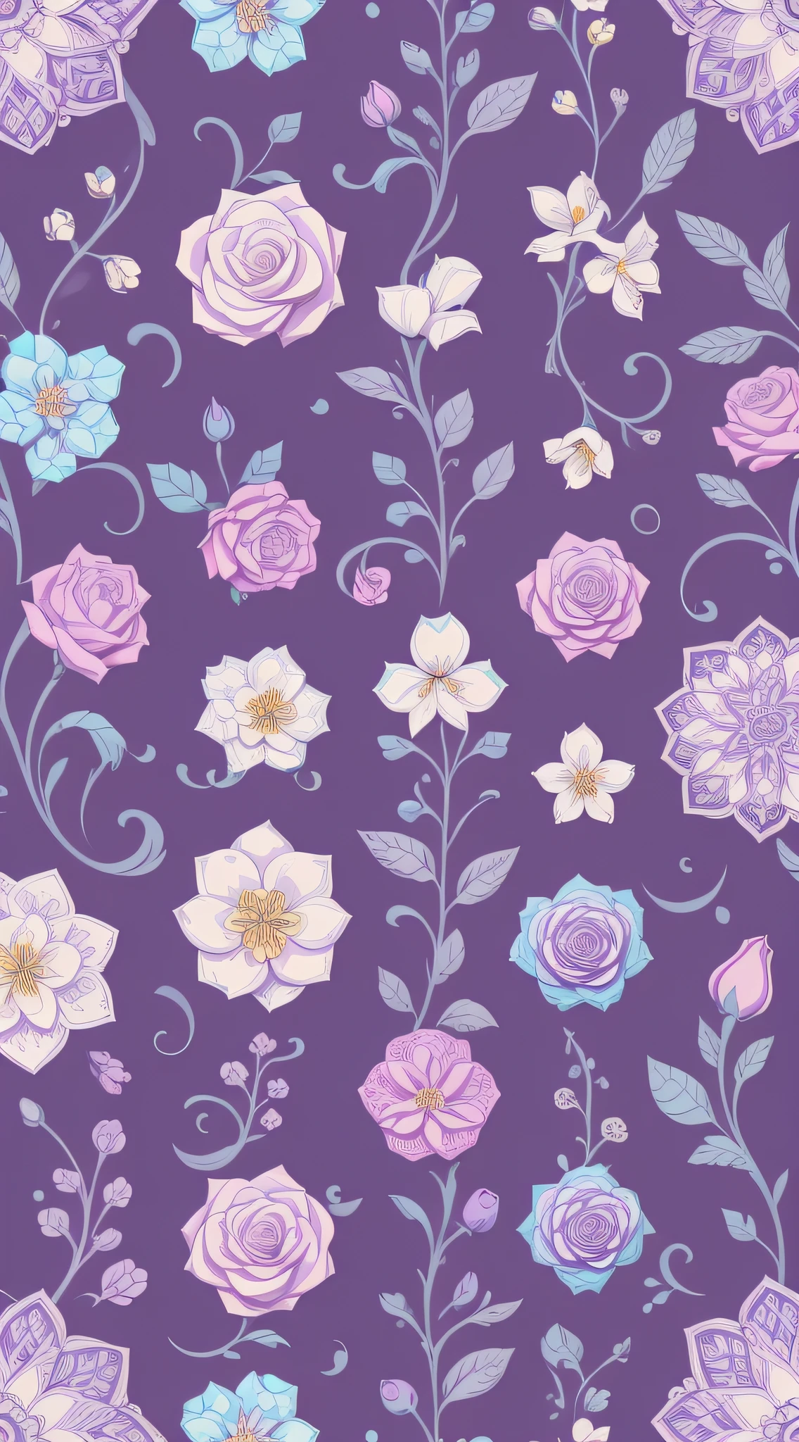 Seamless patterns, step repeating patterns design, fabric art, flat illustration, Vector, 4K, Art station, Line work, digital print, highly detailed clean, photorealistic masterpiece, professional photography, realistic flowers, flat lavender color background, isometric, bright vector, white flowers, Blue flowers, rose color flowers, pastel colors, very beautiful, artistic