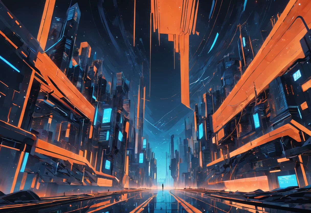 an abstract scifi 3d city animation, in the style of glitch aesthetic, dark sky-blue and orange, undulating lines, i can't believe how beautiful this is, reefwave, precisionist art, cracked