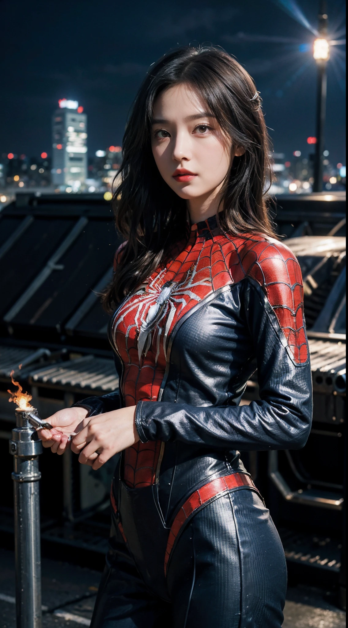 (Wear Female Spider-Man_cosplay_outfit:1.1), Sky front, nice hand,4k, A high resolution, tmasterpiece, best qualtiy, head:1.3,((Hasselblad photograp)), finelydetailedskin, tack sharp focus, (电影灯光),the night，softlighting，dynamic angle，[:(detail in face:1.2):0.2]，middlebreast，takeout，On the rooftop，City high-rises，with black background