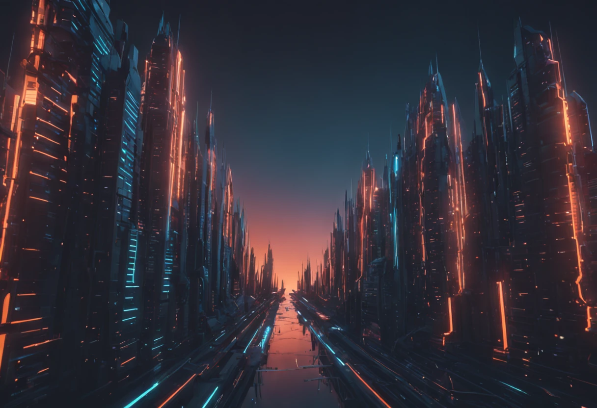 an abstract scifi 3d city animation, in the style of glitch aesthetic, dark sky-blue and orange, undulating lines, i can't believe how beautiful this is, reefwave, precisionist art, cracked